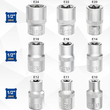 DAKCOS 9-Piece External Torx Socket Set 1/2 Inch Sockets E10 E11 E12 E14