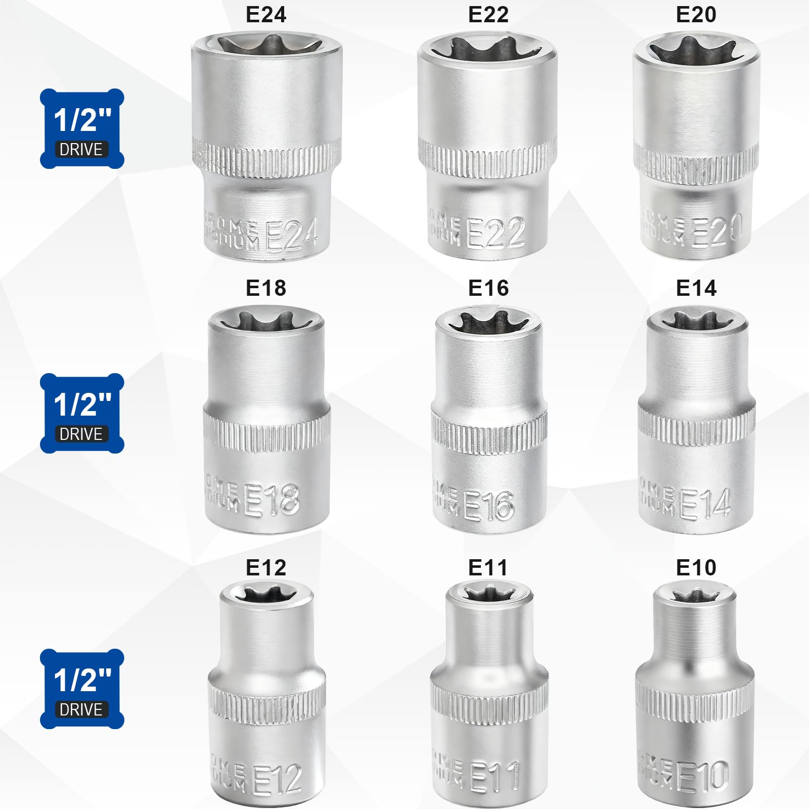 DAKCOS Juego de 9 llaves de vaso E-Torx Vaso de Torx hembra con puntas perfiladas E 1/2" E10, E11, E12, E14, E16, E18, E20, E22, E24, CR-V