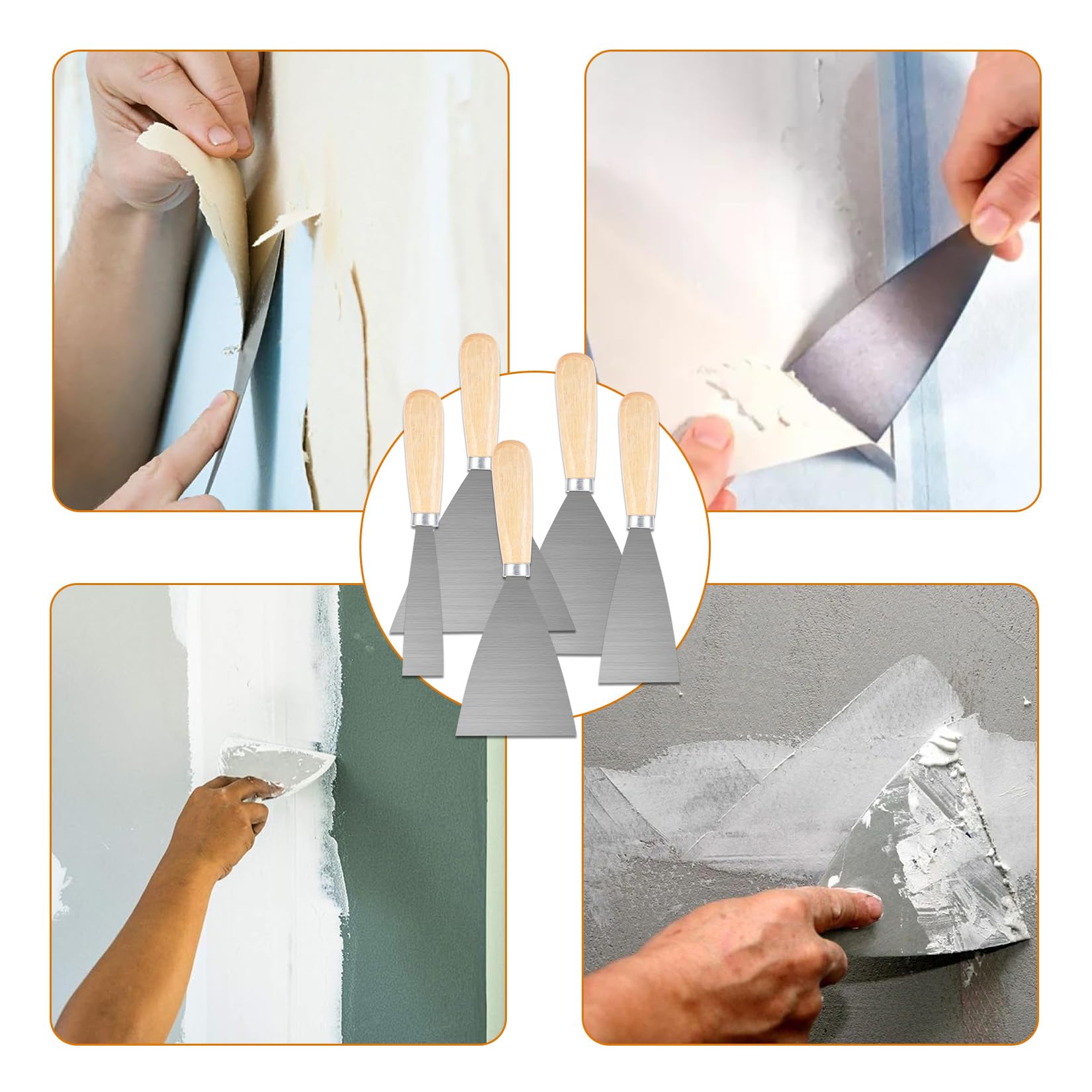 5 szt. Espatula Masilla, Llana para Alisar Paredes, Espátulas Masilla, Espátula z Mango de Madera, Espatulas Pintura, Espátula para Alisar Paredes Rellenar Raspar Pintura lub Papel Tapiz (1/2/3/4/5")