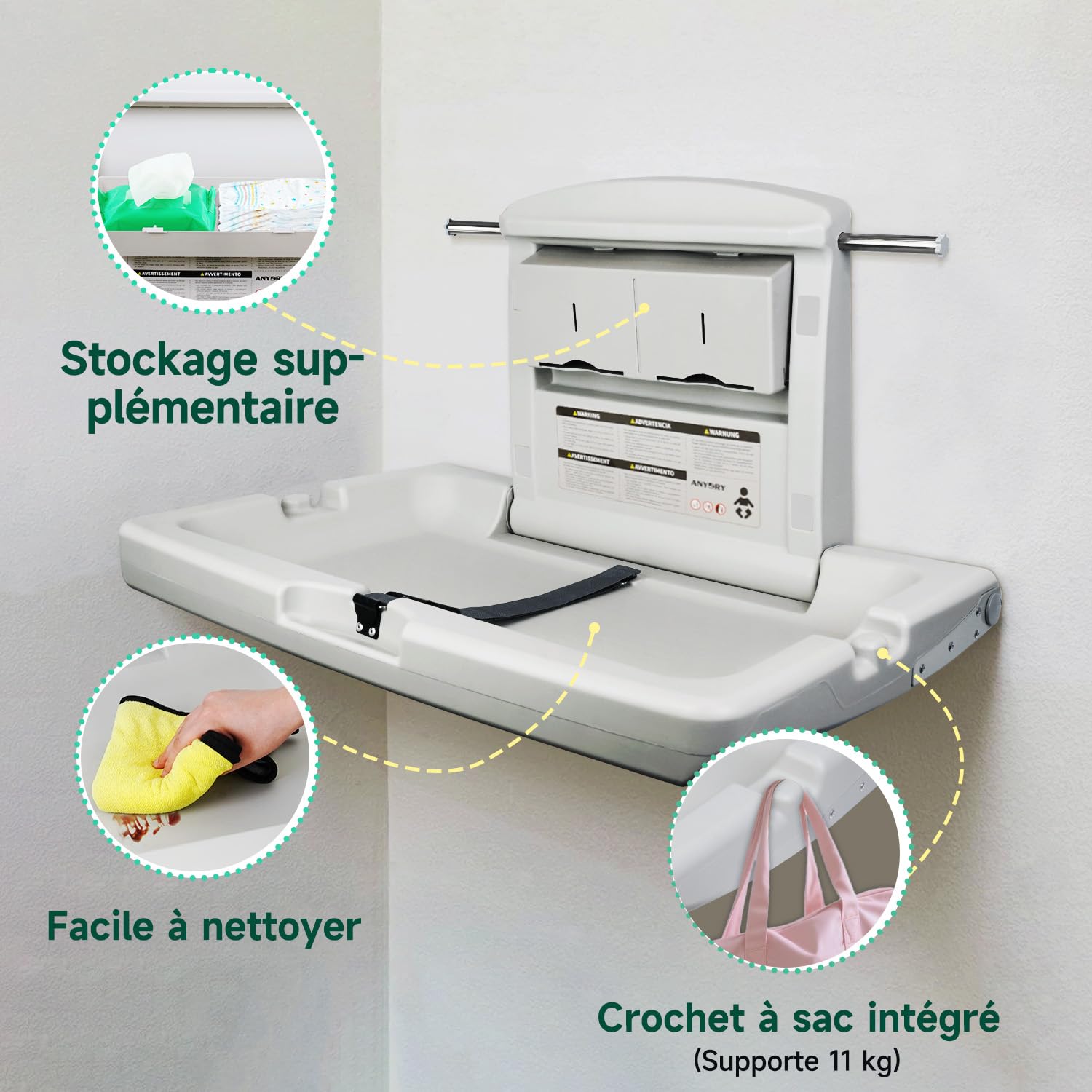 anydry Table à langer murale durable, Design robuste avec sangles de sécurité, Économiseur d'espace rabattable, en blanc grisâtre élégant