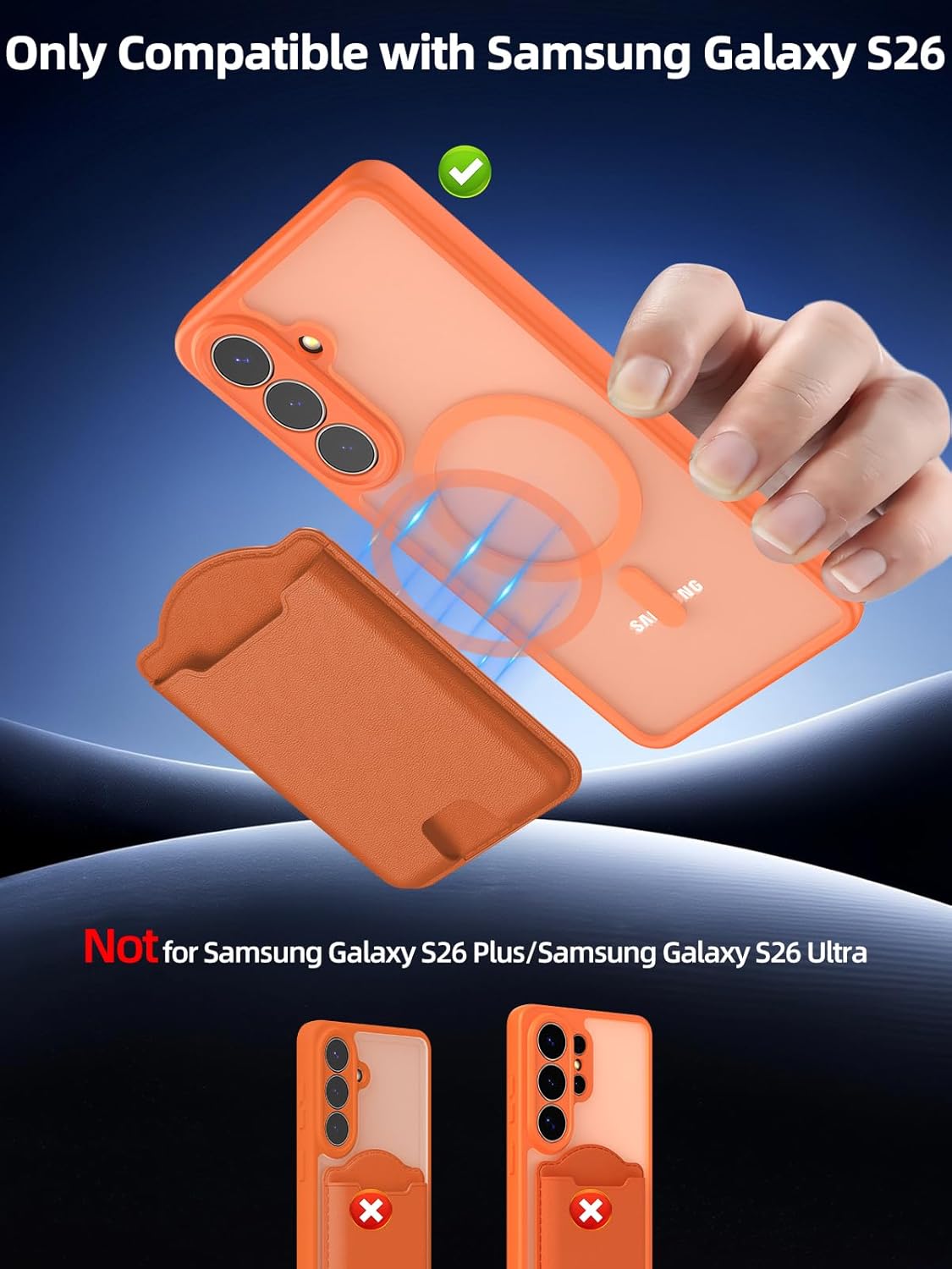 TopMade for Samsung Galaxy S26 Case with Magnetic Wallet, Phone Case with Detachable Magnetic Card Holder Fit 4 Cards, Translucent Matte Shockproof Case for Samsung S26, Orange
