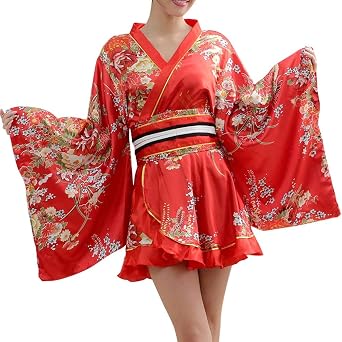 HONGFU Japanese Traditional Kimono, Anime Cosplay Costume, Womens Short Kimono with Obi, Gothic Lolita, Yukata Dress, Maid Outfit