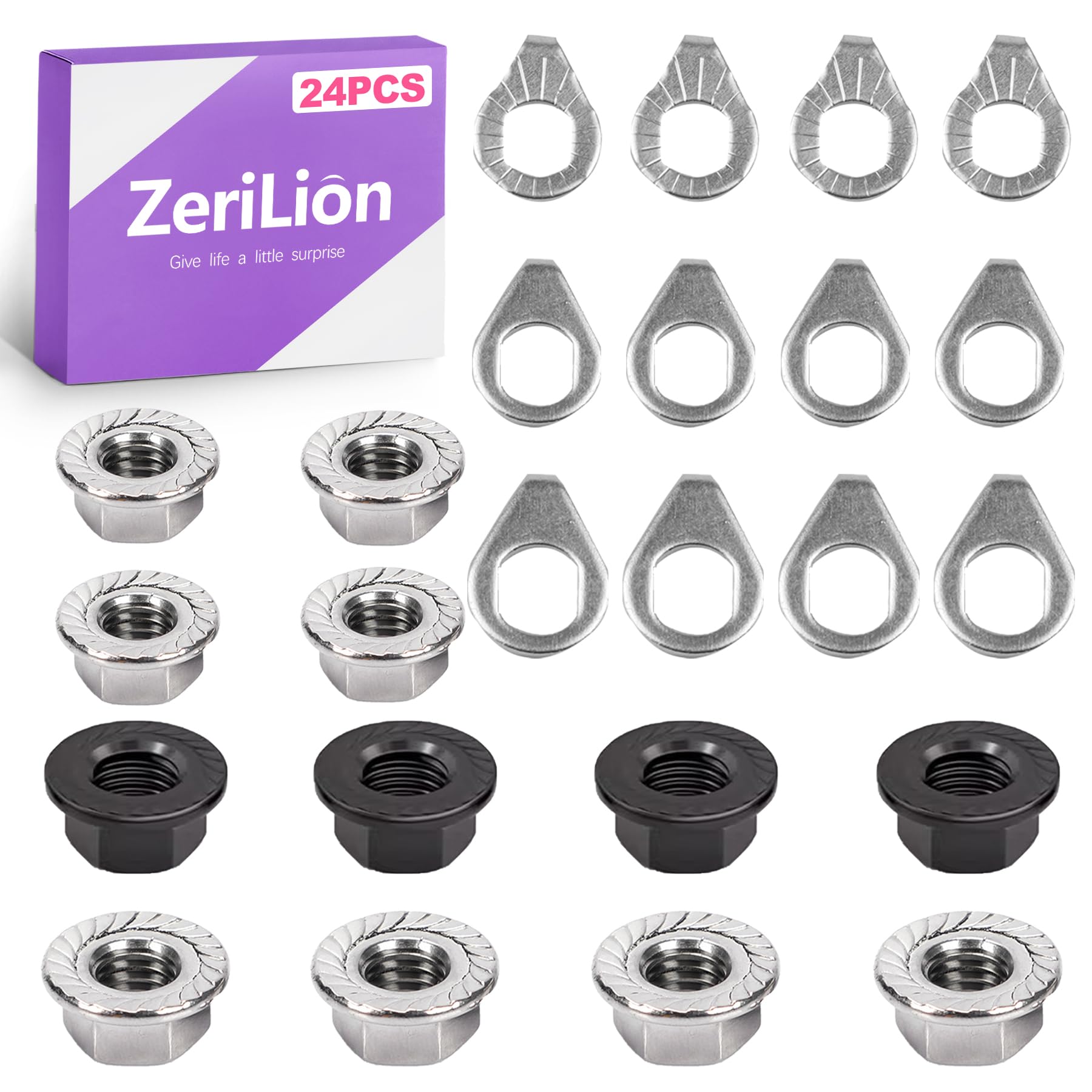 24 PCS Bike Axle Nut and Washer Kit - M8 M9.5 M10 Bicycle Replacement Parts - Mountain & Road Wheel Nuts Bolts Set - Universal Fit Bike Upgrades