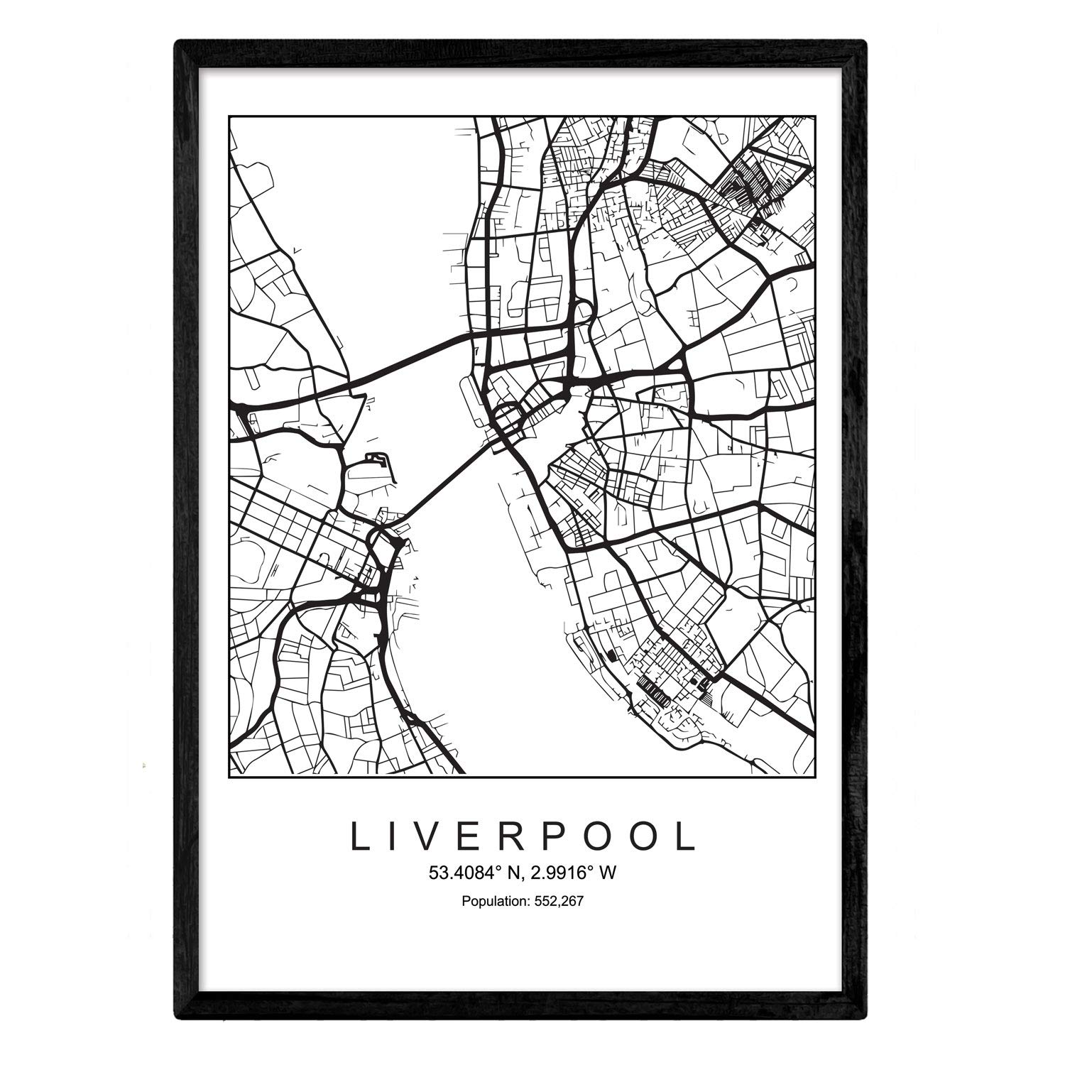 Map of the city map Lisbon Nordic style in black and white. Poster A4 Framed with black frame Printed paper 250 gr. Pictures, sheets and posters for Salon and Bedroom