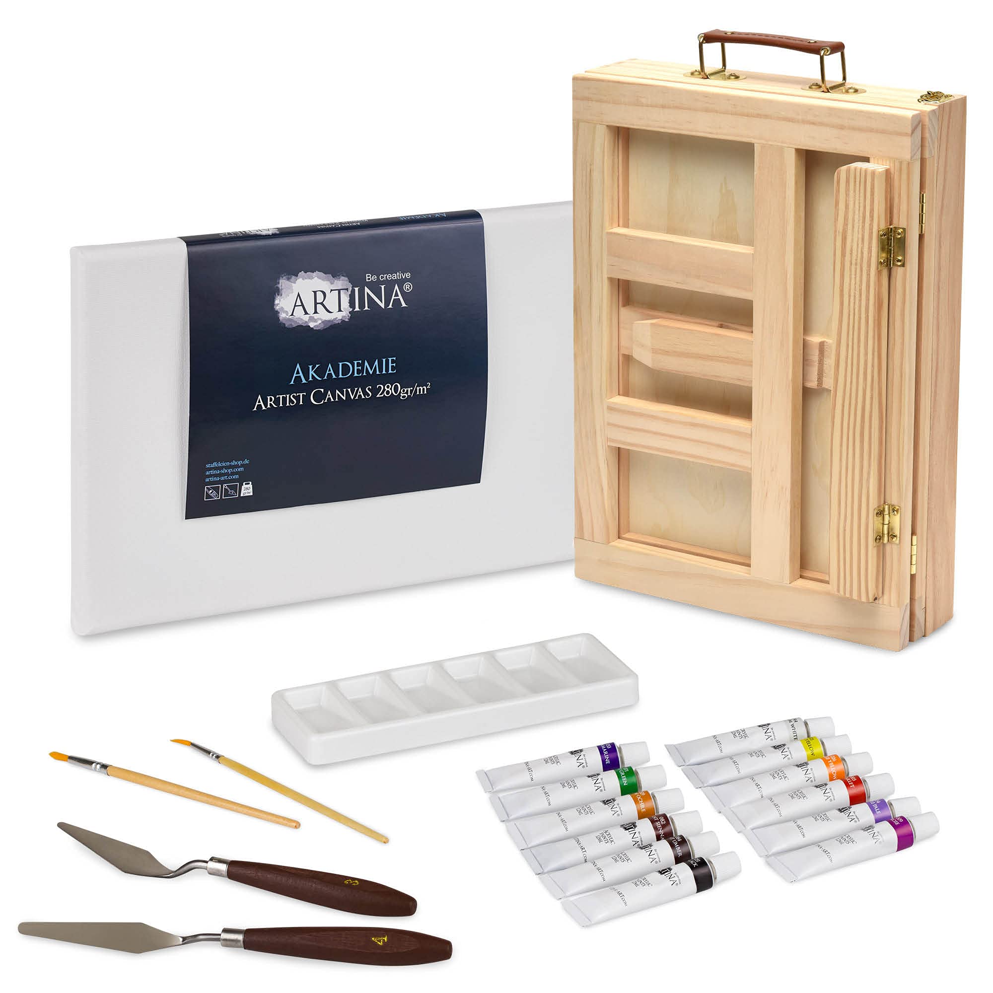 Artina 19pcs Kit Peinture Acrylique avec Coffret en Bois – Coffret Peinture Enfant avec Malette Chevalet Table, Toile, 12x12 ml Couleurs Acryliques, Pinceau – Kit pour Débutants & Artistes – Milano