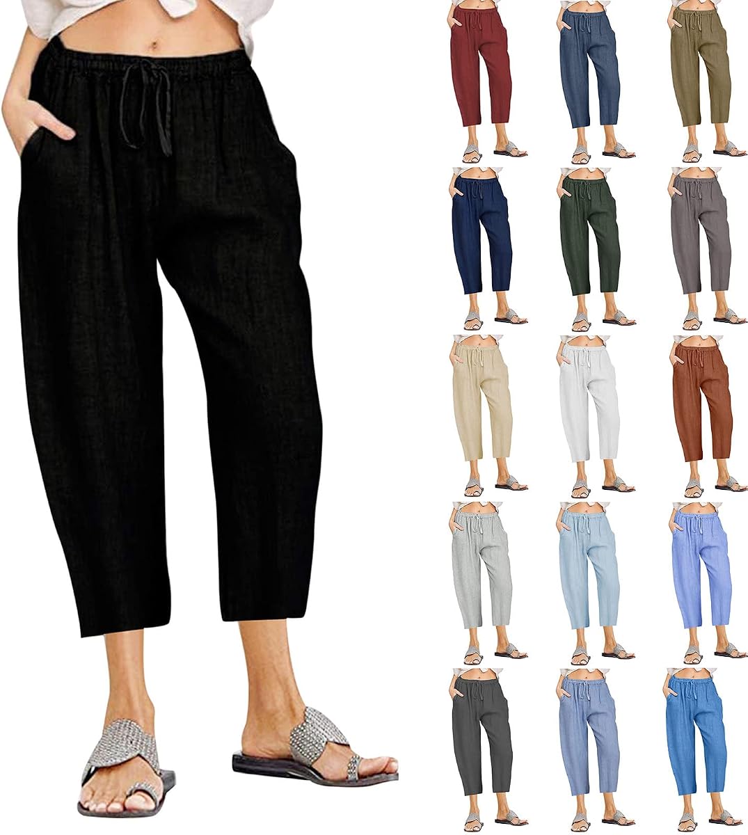 Beach Pants Capri Length for Women 2026 Spring Summer Linen Capris Drawstring Elastic Waist Trendy Cropped Trousers
