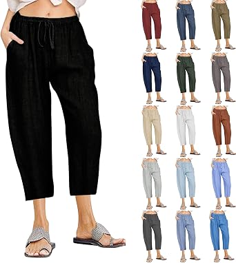 LRMQS Beach Pants Capri Length for Women 2026 Spring Summer Linen Capris Drawstring Elastic Waist Trendy Cropped Trousers