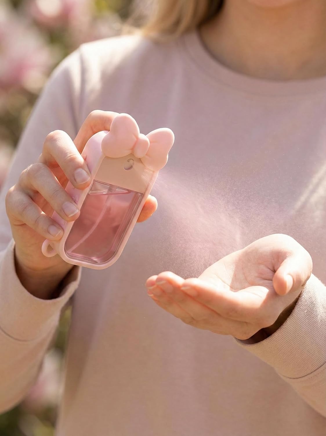 Silicone Bow Case Compatible with Touchland Hand Sanitizer Spray 1 oz (30 mL), Cute Holder with Keychain Clip, Gift for Girls (Blush Pink) - Image 6