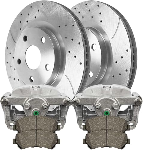 AutoShack BCPKG0168 - Rotores de freno delanteros perforados y ranurados juego de pinzas plateadas y almohadillas de cerámica de rendimiento