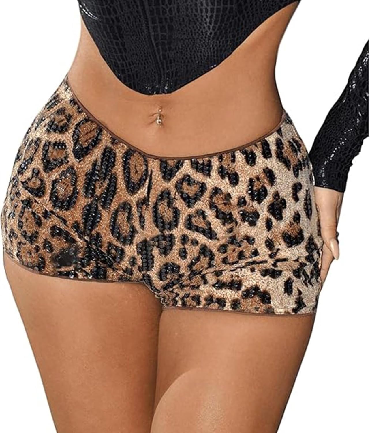 Womens Sequin Shorts Y2k Leopard Printed Sexy Rave Dance Micro Hot Pants Clubwear