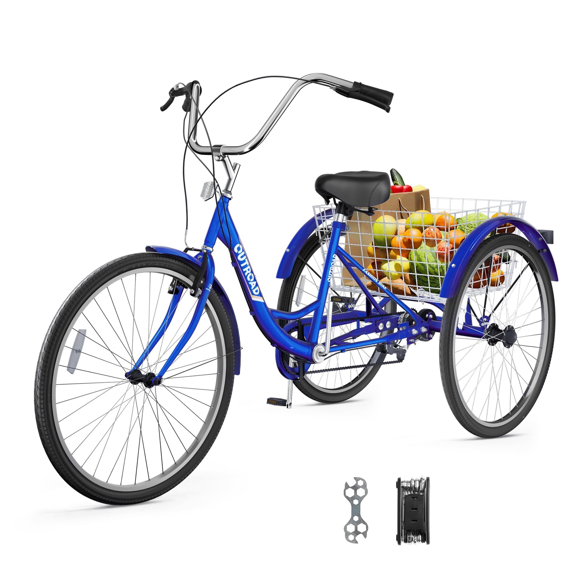 Max4out Adult Tricycle with Large Basket 24/26 Inch, Stable 3 Wheel Cruise Bicycle for Shopping, Beach and City Trike Perfect for Men, Women, Seniors（Blue/Purple/Red）