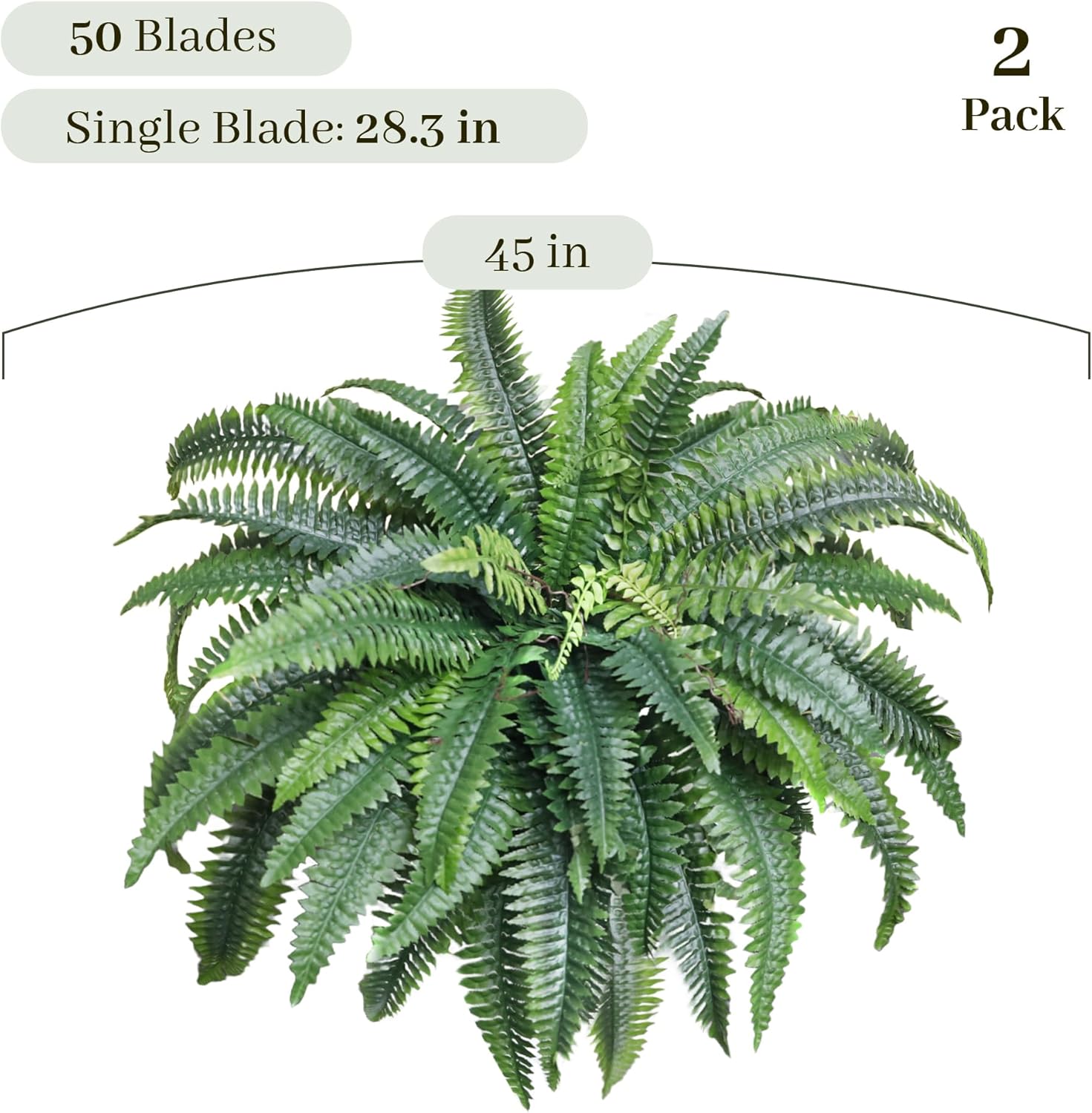 KOL Artificial Boston Ferns, Fake Faux Fern Plants 45 Inch 2 Pack, Green Large Fern with Bendable Stems for Hanging or Floor Display, Indoor Outdoor UV Resistant Home Decor - Image 6