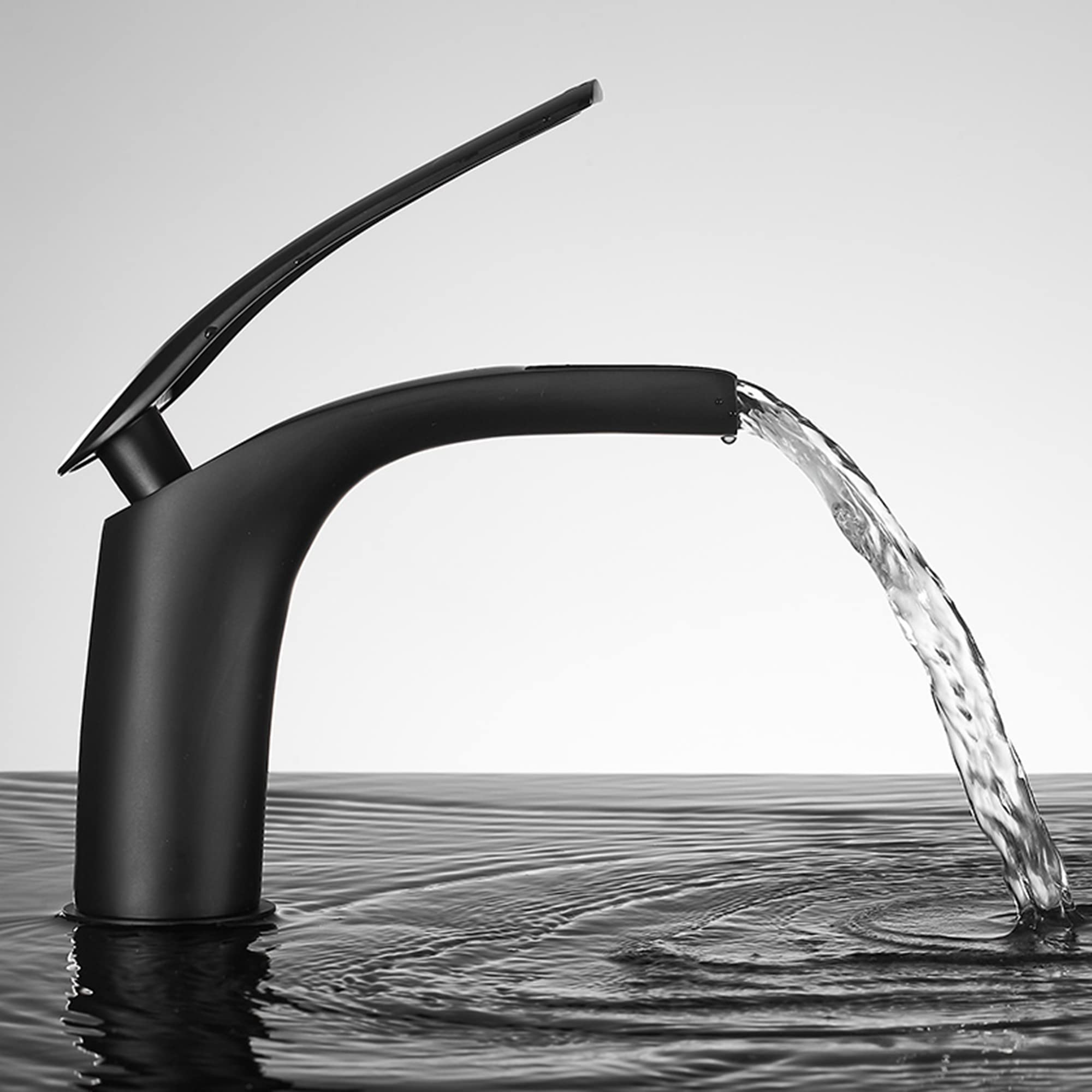 SOHNVWTGD Washbasin Waterfall Tap, Basin Tap Black, Bathroom Countertop Basin, Hot and Cold Full Copper Tap (Black - Short)