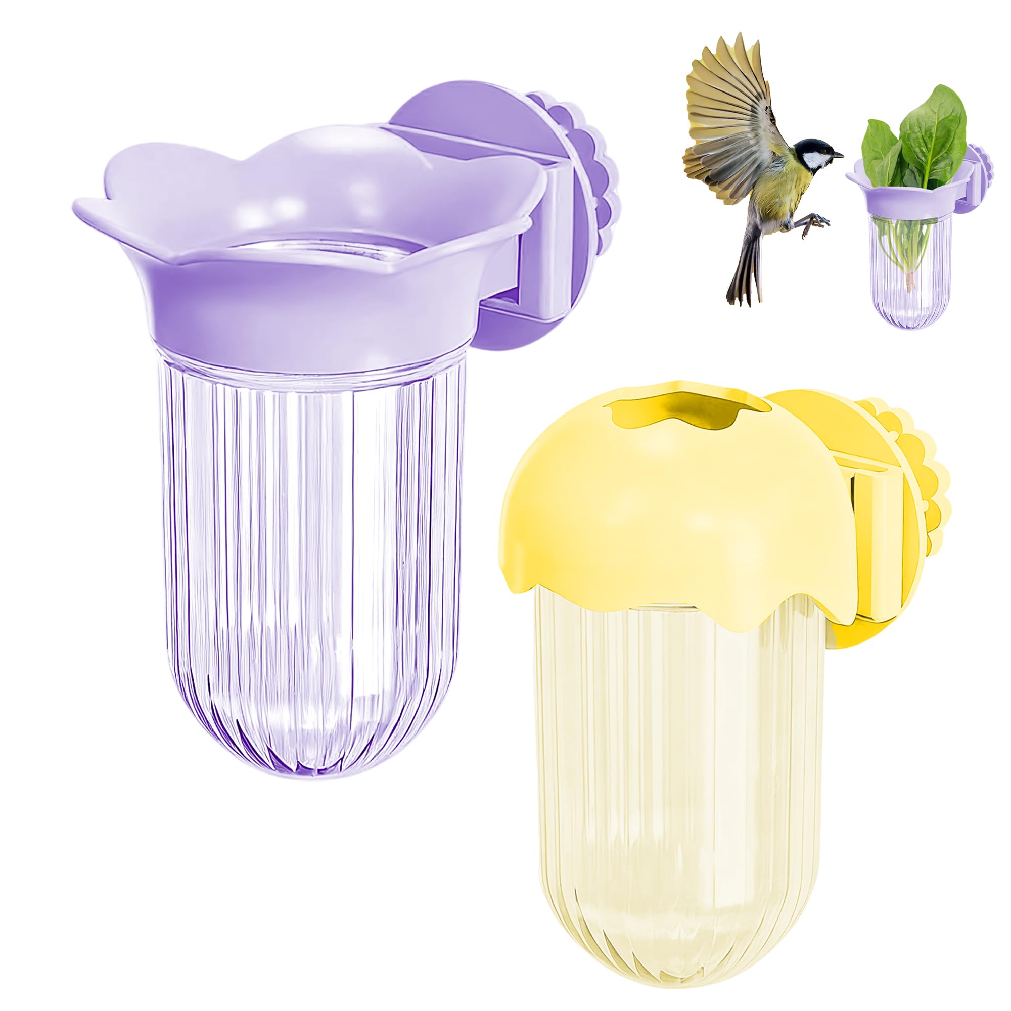 2 Styles Bird Cage Feeder for Vegetable, No Mess Hanging Parakeet Feeder with Water Storage, No Spill Bird Cage Accessories for Parrots Cockatiels Budgies Finch Lovebirds (Purple, Yellow)