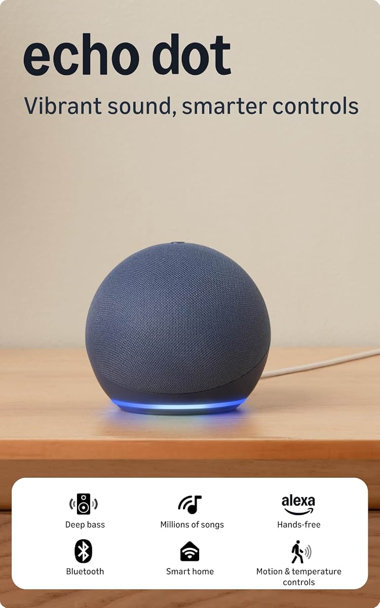 Blue spherical Echo Dot smart speaker shown with its power cable