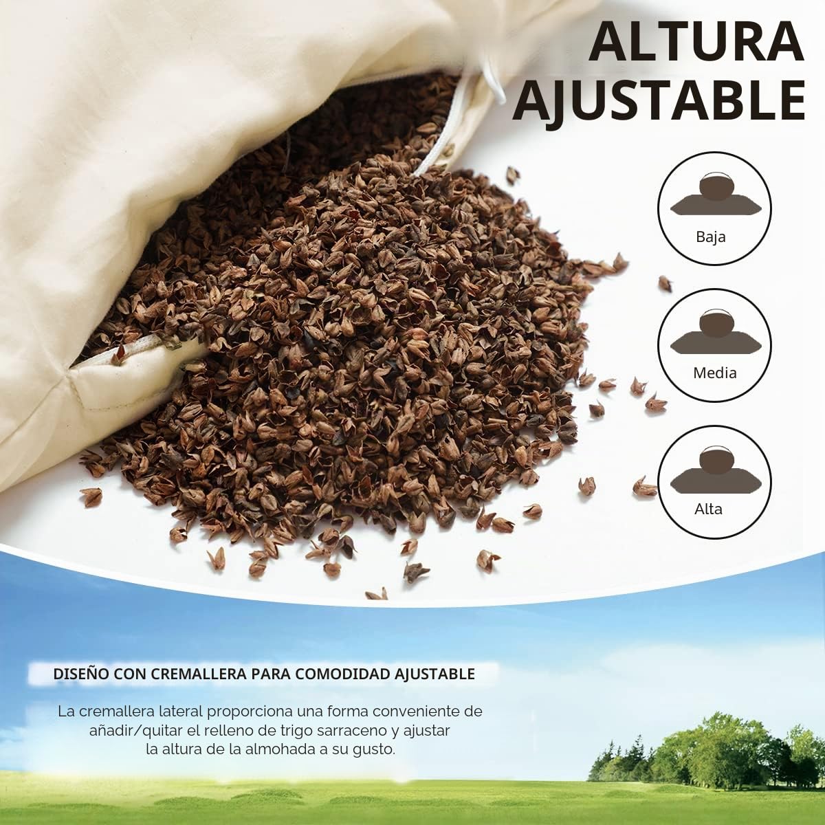 LOFE Almohada orgánica de Trigo sarraceno para Dormir, 14 x 20 Pulgadas, Loft Ajustable, Transpirable para un sueño Fresco, Apoyo Cervical para Personas Que Duermen Boca Arriba y de Lado (cáscaras de