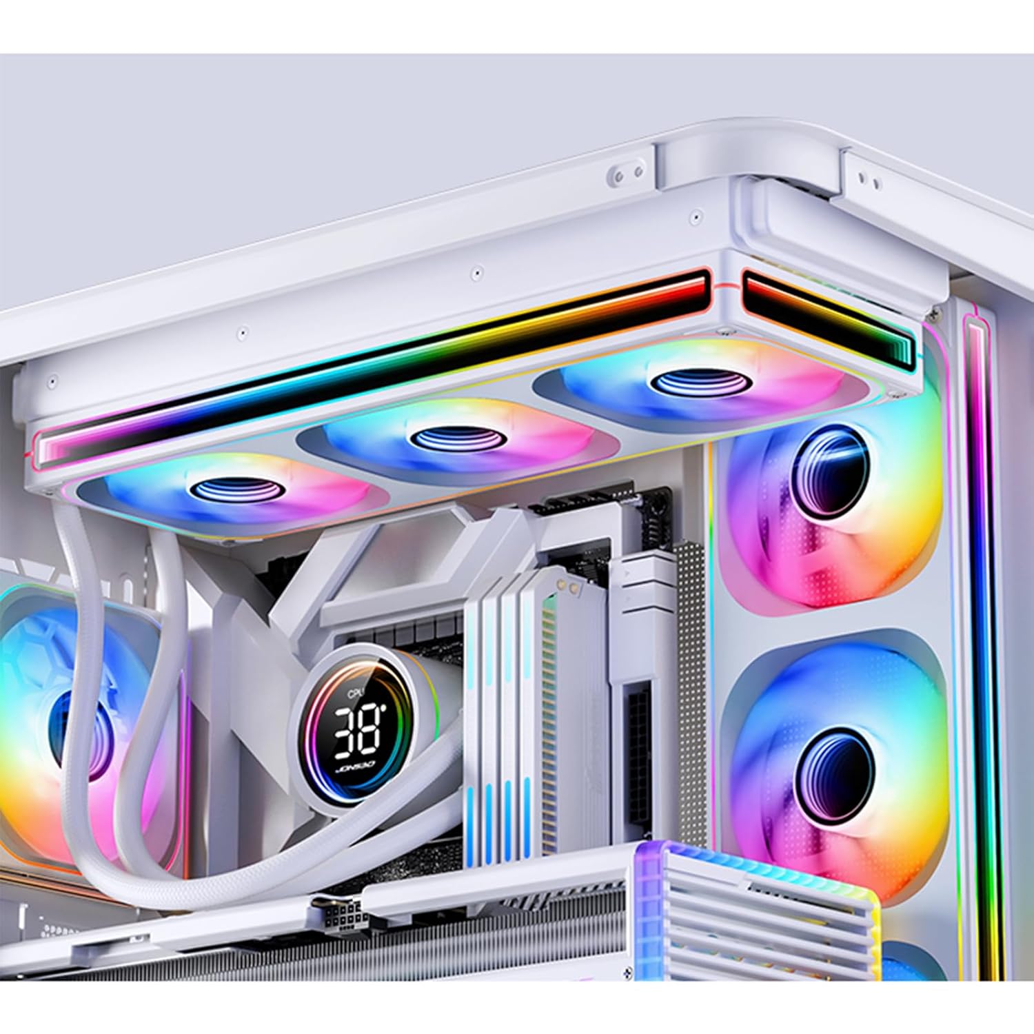 JONSBO ZB-240W PC Case Fan, Silent Computer Fan with Axis & 4-Sides Infinity Mirror, All-in-One, Single Frame Unit with 2x120mm 3Pin ARGB Fans, 4 Pin PWM, 2400RPM, 28MM Thick,White