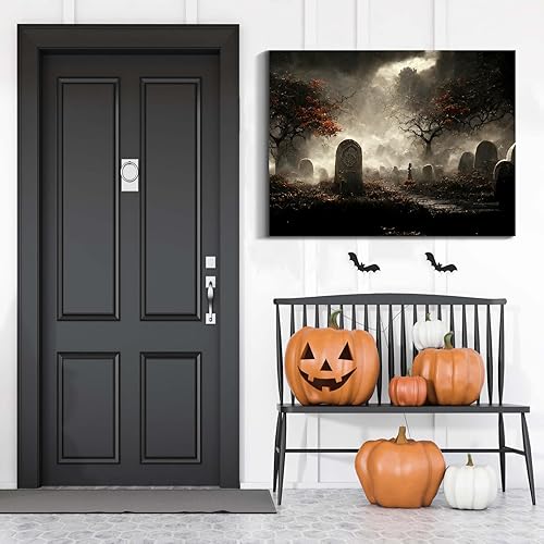 Miniatura 11 de Denozer Lienzo decorativo para pared de Halloween, castillo de terror de 32 x 24 pulgadas, decoración de pared de luna, decoración de otoño de Obra
