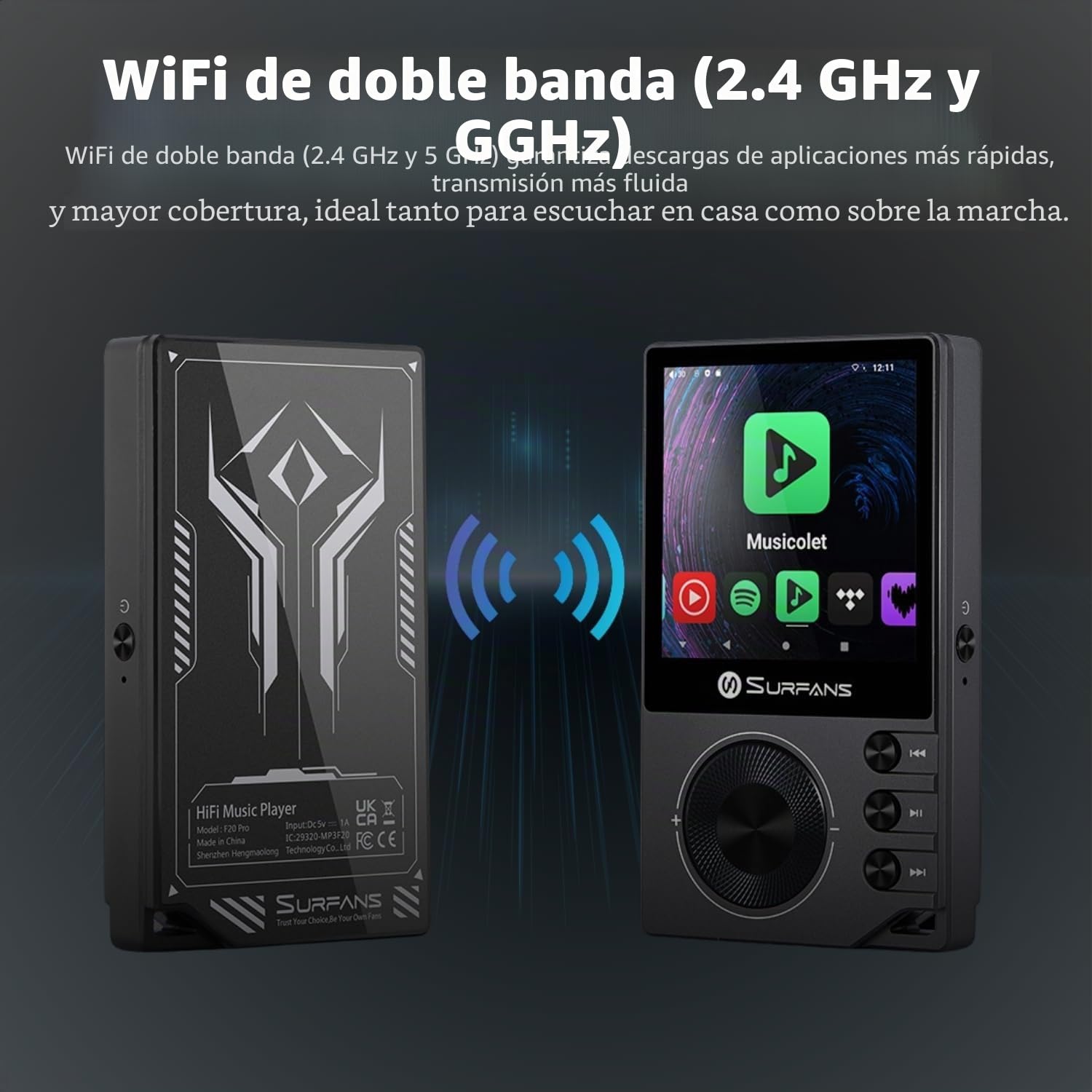 Surfans F20 Pro Android Hi-Res - Reproductor de música con Dual ESS9018 DAC, DSD512, Spotify & Tidal Support, WiFi y BT LDAC (4,4 mm equilibrado (500 mW), ampliable hasta 1 TB, pantalla táctil MP3 DAP