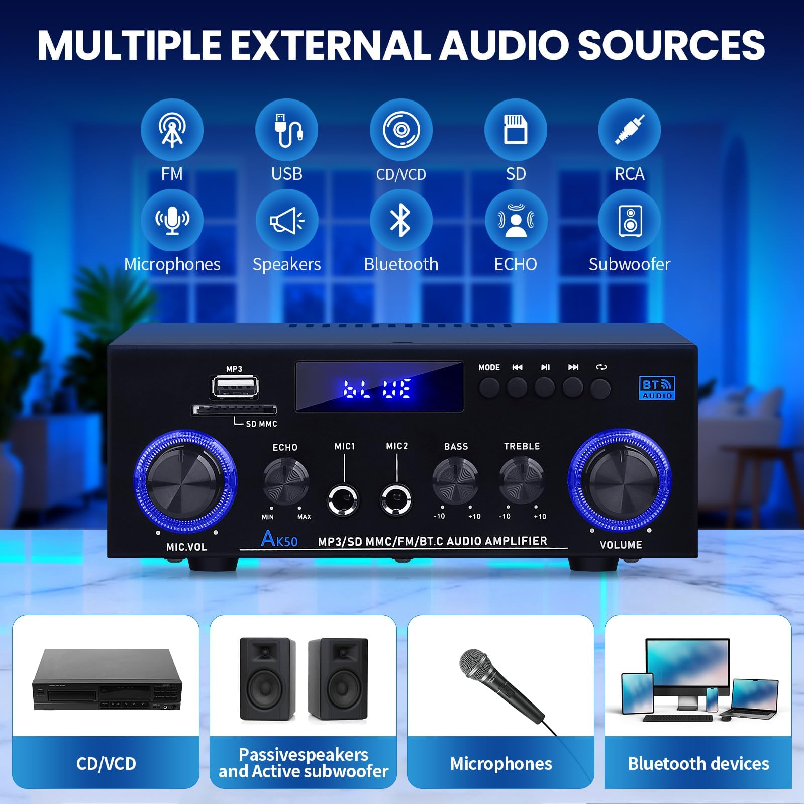 AK50 - Amplificador Hi-Fi con Bluetooth RMS 60WX2 - Amplificador de audio estéreo | Receptor de 2.0 canales, máx. 400 W, amplificador de altavoz con radio FM, eco, micrófono, USB, entrada SD para el hogar