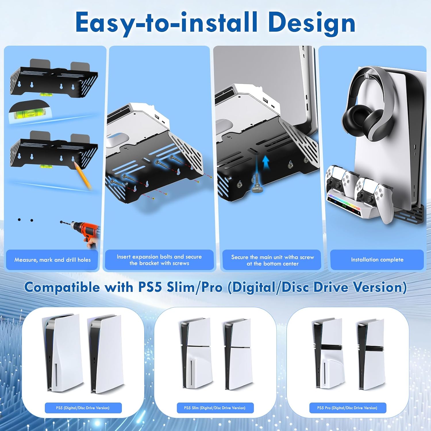 PS5/Slim/Pro Wall Mount Kit with Charging Station,Storeable for PS5 console (compatible with all models),two Controller and a Headphones,Wall Bracket Behind TV, PS 5 Accessories