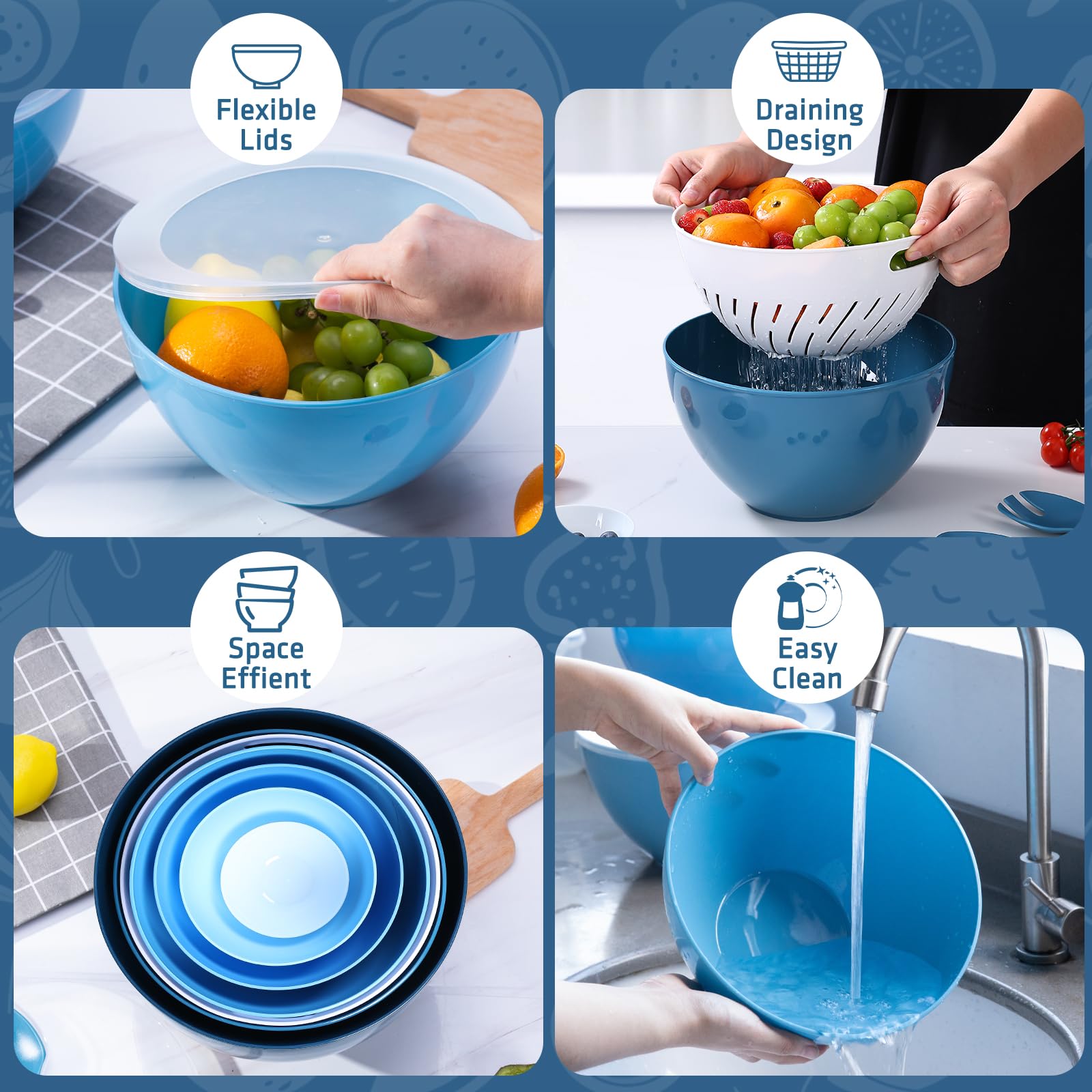 Luxear Juego de 7 Cuencos Cocina con Tapas A Prueba de Fugas y Cesta de Drenaje, Ensaladera de Plástico con Tenedor Y Cuchara, Reutilizables para Microondas, Frigorífico, Oficina, Picnic