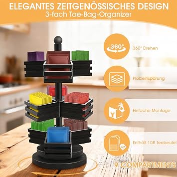 Bamboo Tea Bag Organiser 3 Tier 360˚ Rotating Tea Bag Holder Tea Box Tea Bag Storage Box with 9 Compartments Standing Tea Rack for Kitchen Worktop Office Coffee Sugar Storage (Black)