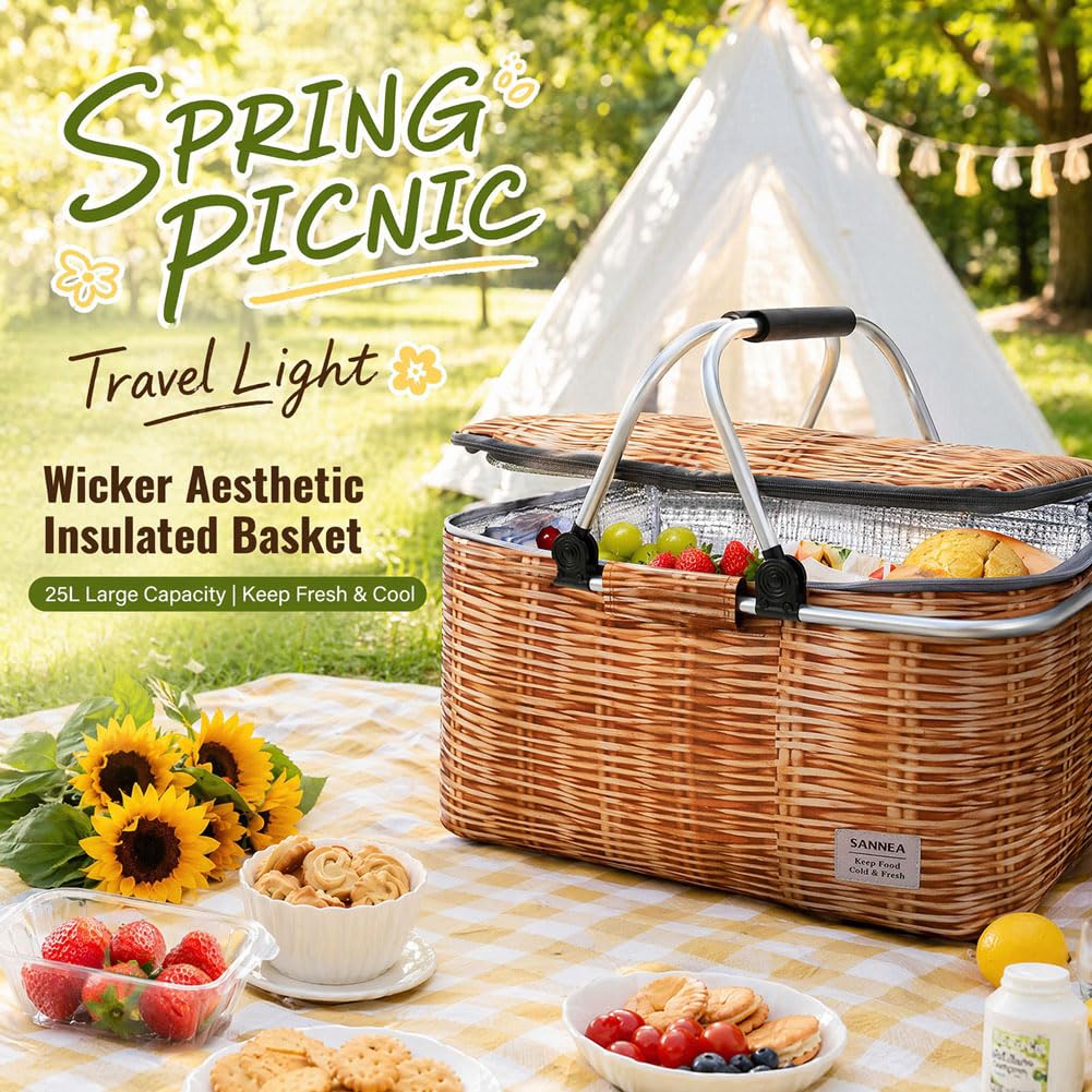 Cestino da picnic con soleggiamento, cestino in vimini, pieghevole, 25 l, borsa termica termica, cestino refrigerante, pieghevole, per il pranzo, per viaggi, picnic