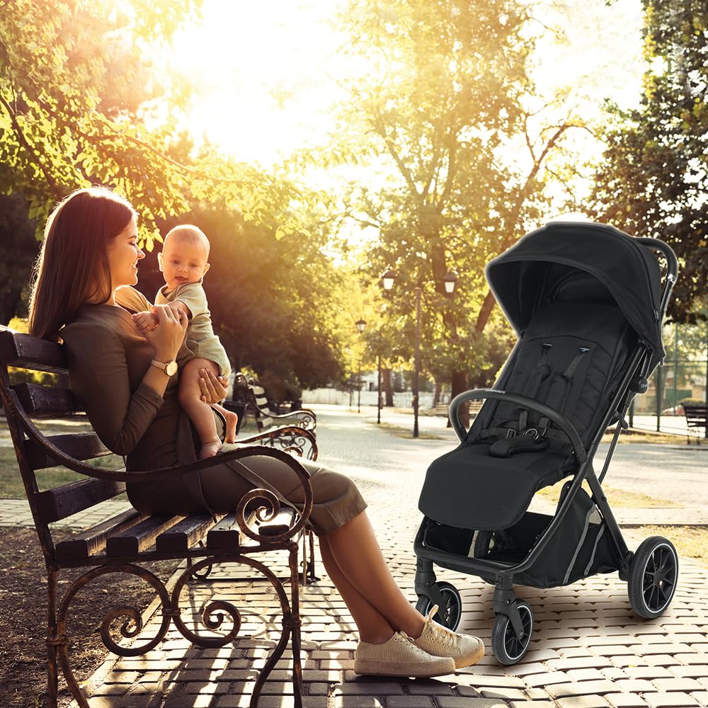 Foppapedretti Passeggino Compatto Olimpic, per bambini 0-22 Kg (0-4 anni), Chiusura ad 1 mano, Self-Standing, Ruote Ammortizzate, Tessuto UPF50+, Cerniere Resistenti Acqua, Trasportabile, Nero