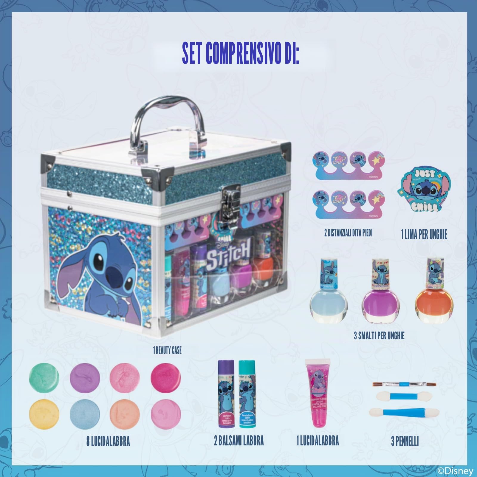 Stitch Set Trucco Bambine Gloss e Smalto con Beauty Case
