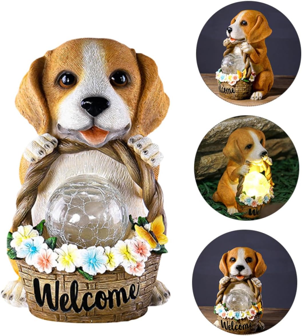 1Pc Dog Flower Basket Adornment Outdoor Solar Lighting Decor Chic Resin Craft for Garden Creative and Realistic Garden Ornament with Solar Powered Design for Patio