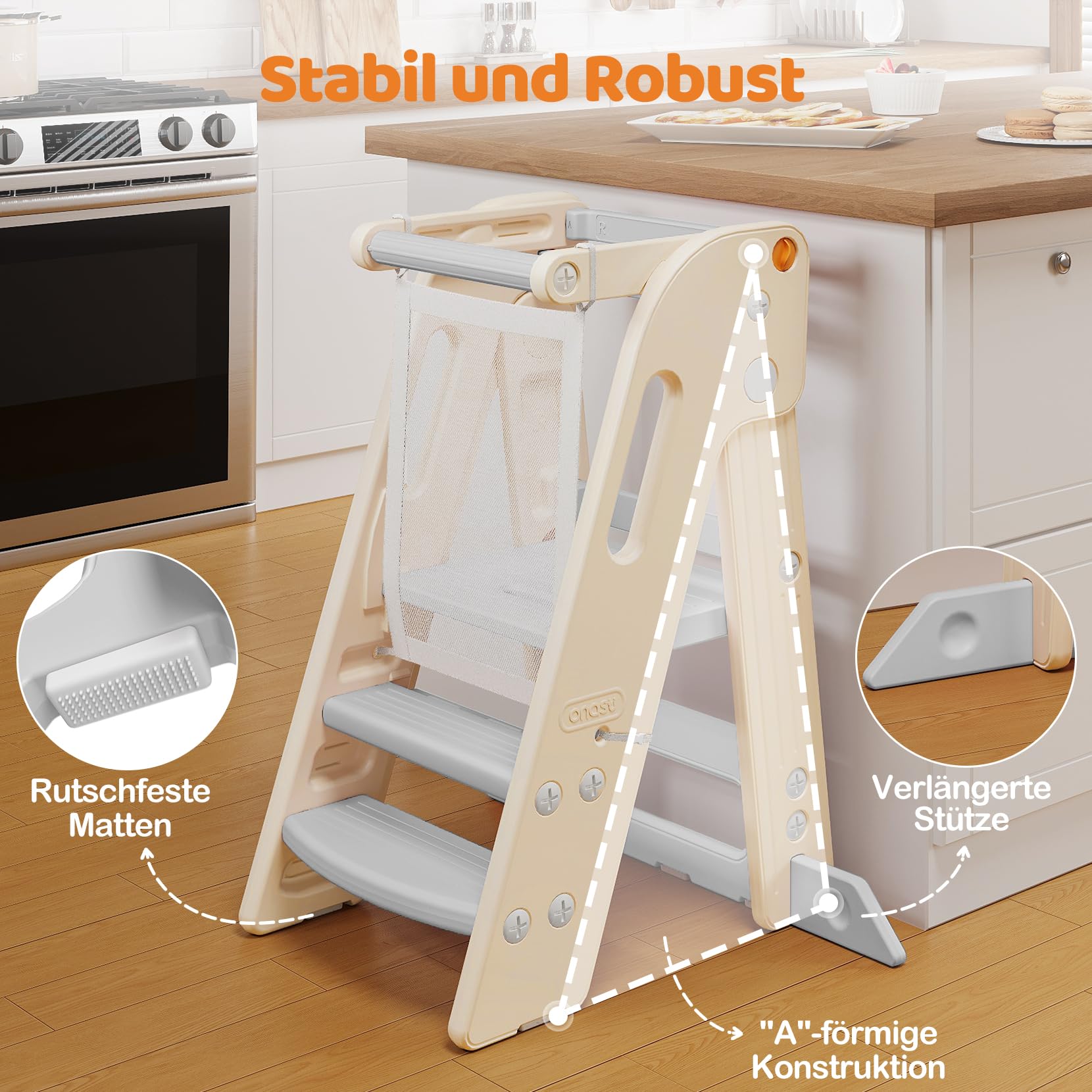 Lernturm für Kinder mit Sicherheitsgeländer, Lernturm Klappbar, Höhenverstellbar, Learning Tower mit Kippschutz & Anti-Rutsch-Trittfläche, für Küche, Badezimmer und Waschbecken (Creme-weiß)