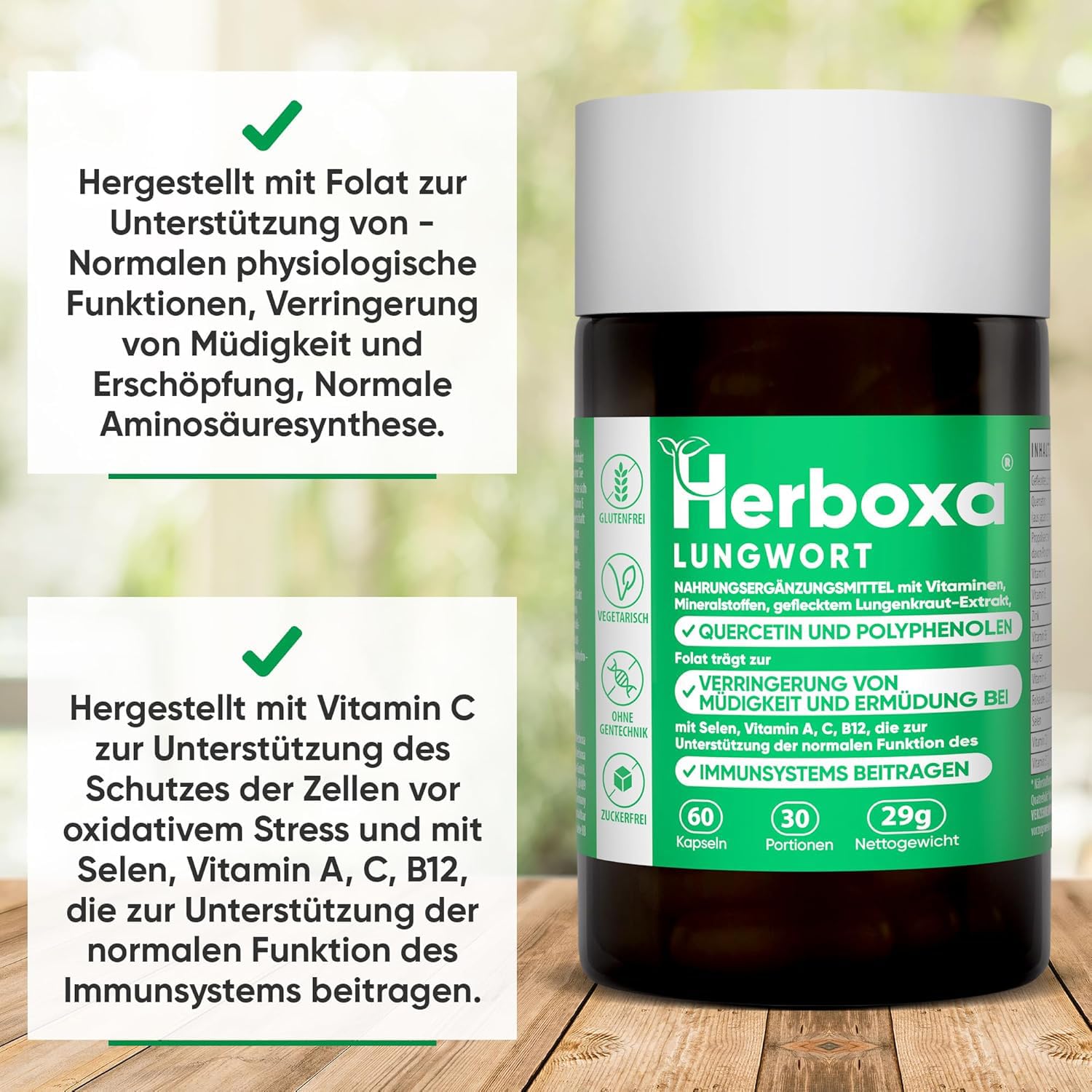 Herboxa Lungwort Nahrungsergänzungsmittel - Lungenkraut Extrakt - Geflecktes Lungenkraut - 60 vegane Lungenkraut Kapseln