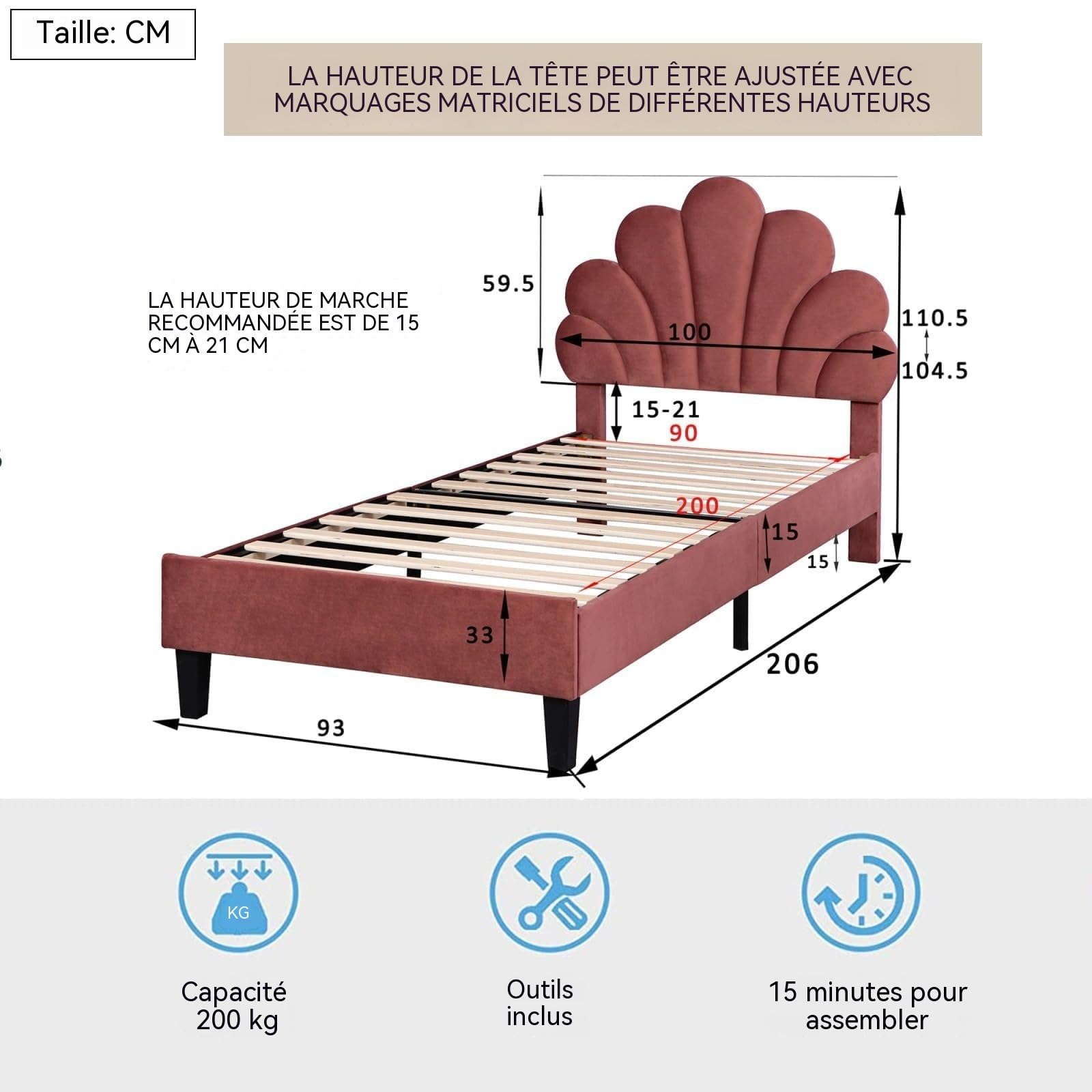 Łóżko pojedyncze 90x200 cm, regulowany zagłówek w kształcie płatka