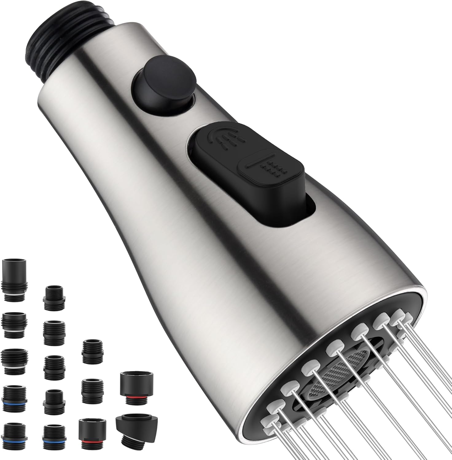 Kitchen Faucet Head Replacement with 15 Adapters - 3 Functions Pull Down Spray Head for Kitchen Faucet, Pull Out Faucet Sprayer Head Nozzle, Kitchen Sink Faucet Sprayer Head Parts, Brushed Nickel