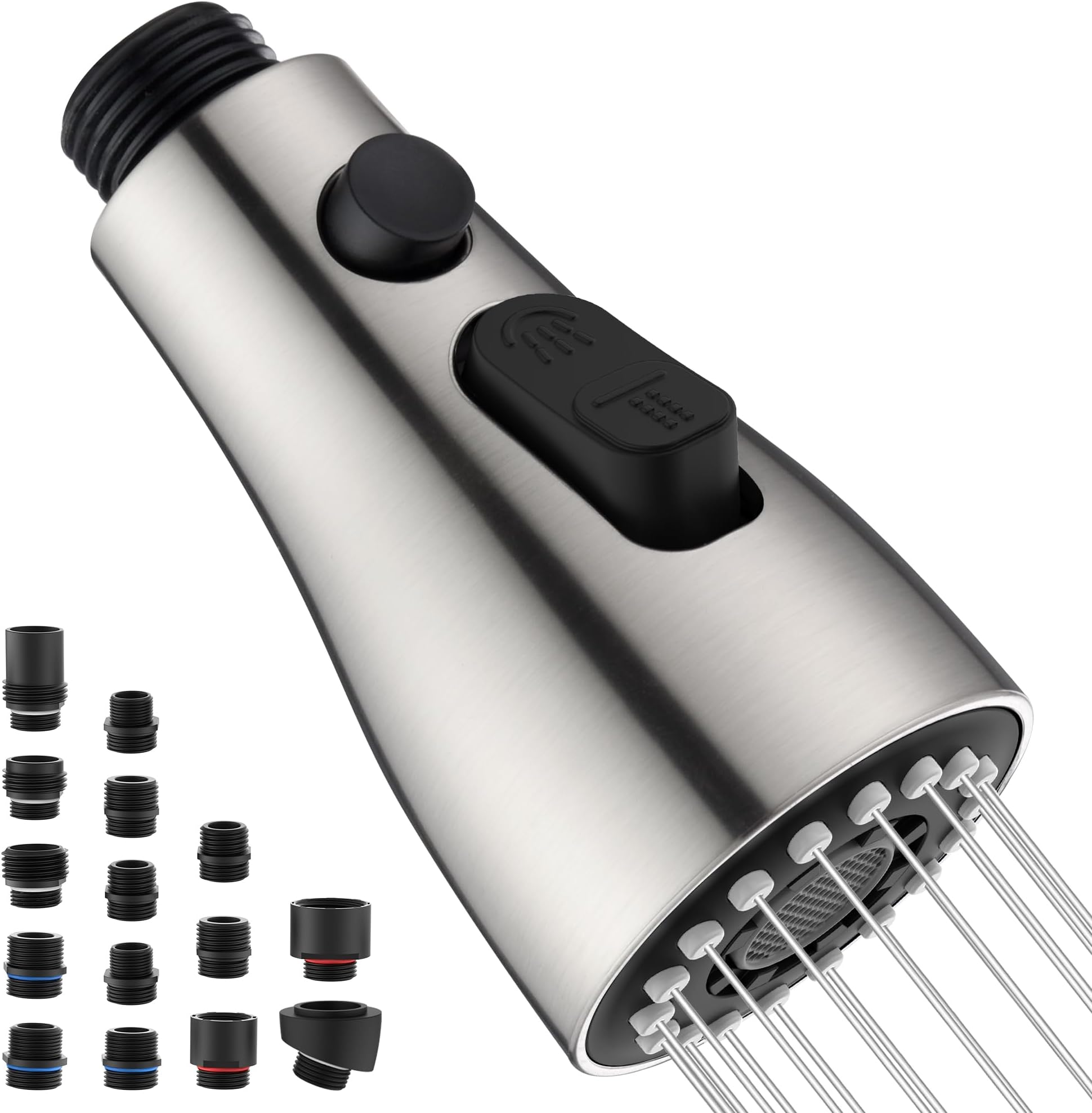 Kitchen Faucet Head Replacement with 15 Adapters - 3 Functions Pull Down Spray Head for Kitchen Faucet, Pull Out Faucet Sprayer Head Nozzle, Kitchen Sink Faucet Sprayer Head Parts, Brushed Nickel