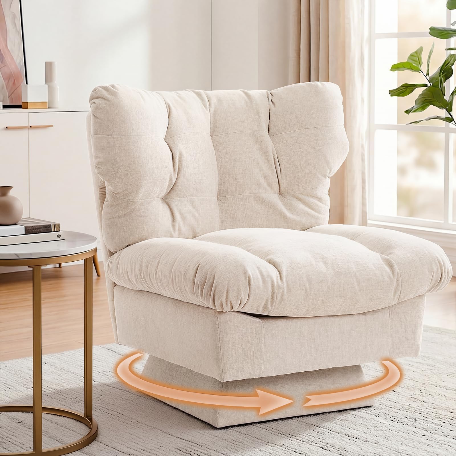 CuteHairy Oversized Swivel Accent Chair – Modern Chenille Cuddle Armchair with Plush Cushion & 360° Rotating Base, 136kg Capacity, Ideal for Living Room, Bedroom, Reading Corner & Vanity – White