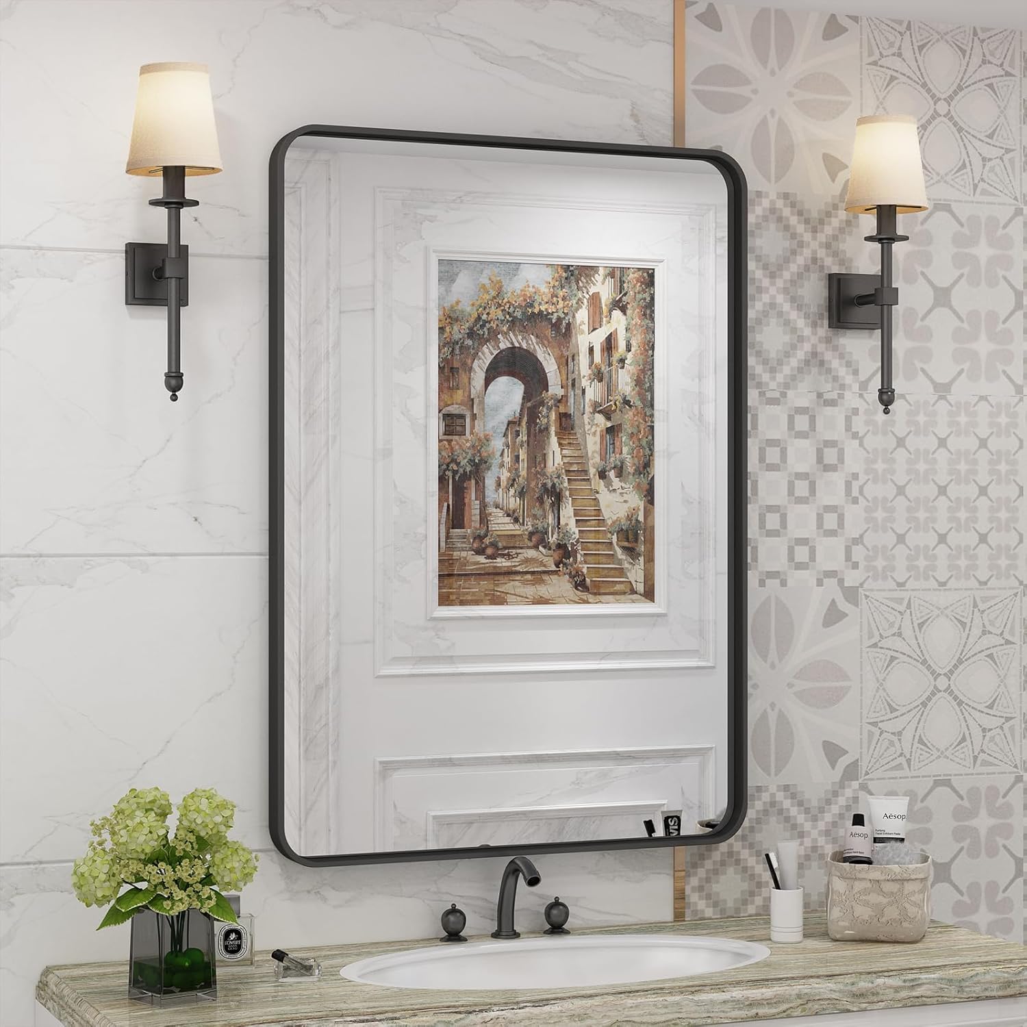 22x30 Inch Black Metal Framed Bathrrom Mirror for Wall, Matte Black Rectangle Mirror, Rounded Corner, Anti-Rust (Horizontal/Vertical) 30"L x 22"W Black