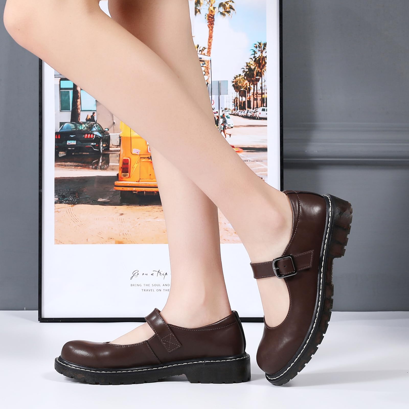 XMM Mary Jane Shoes Women Oxford Shoes Leather Round Toe Flats Non-Slip Ankle Buckle Strap Comfort Casual Dressy Cosplay Party School Work Shoes