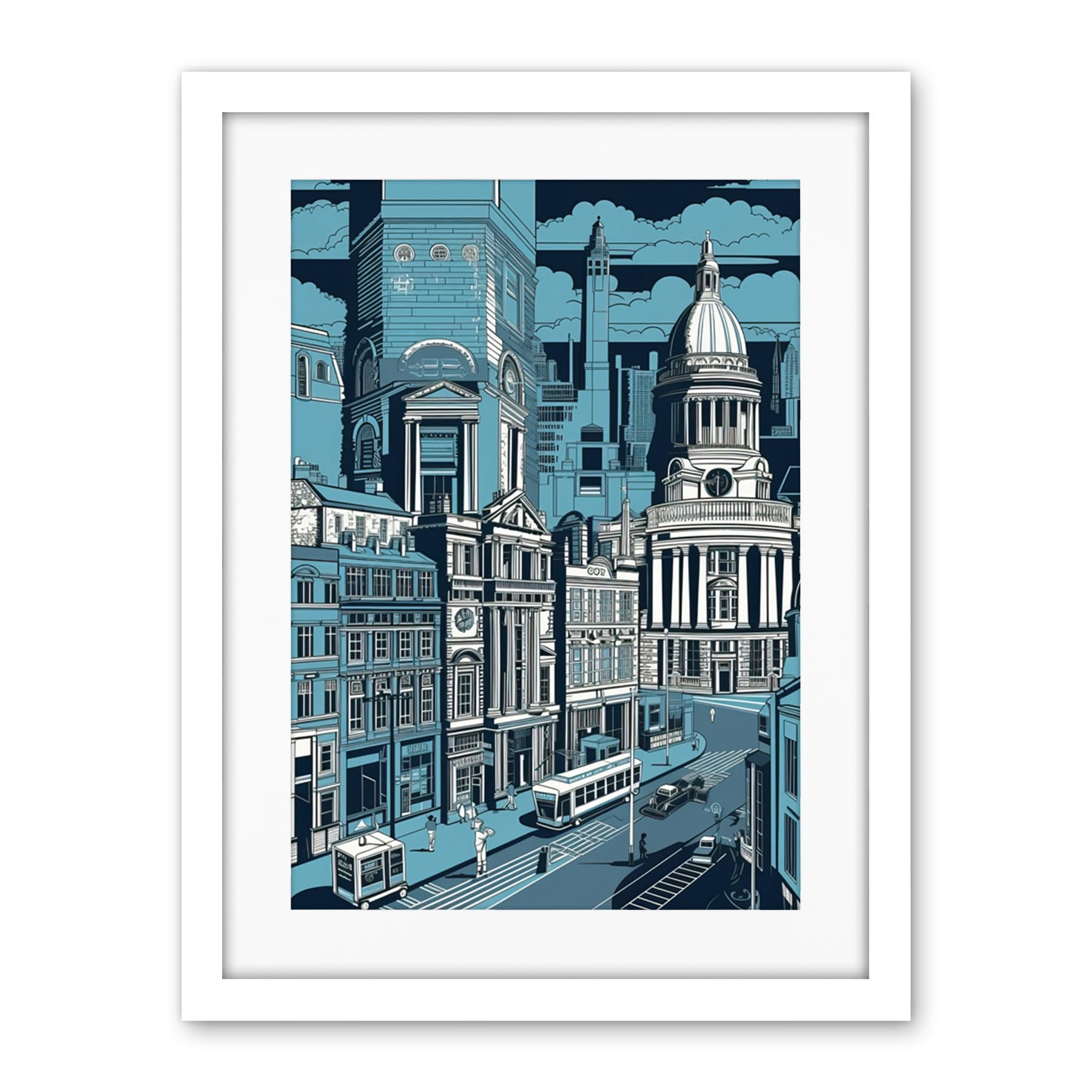 Artery8 Belfast Cityscape City Centre Hall Linocut Style Artwork Framed Wall Art Print 18X24 Inch