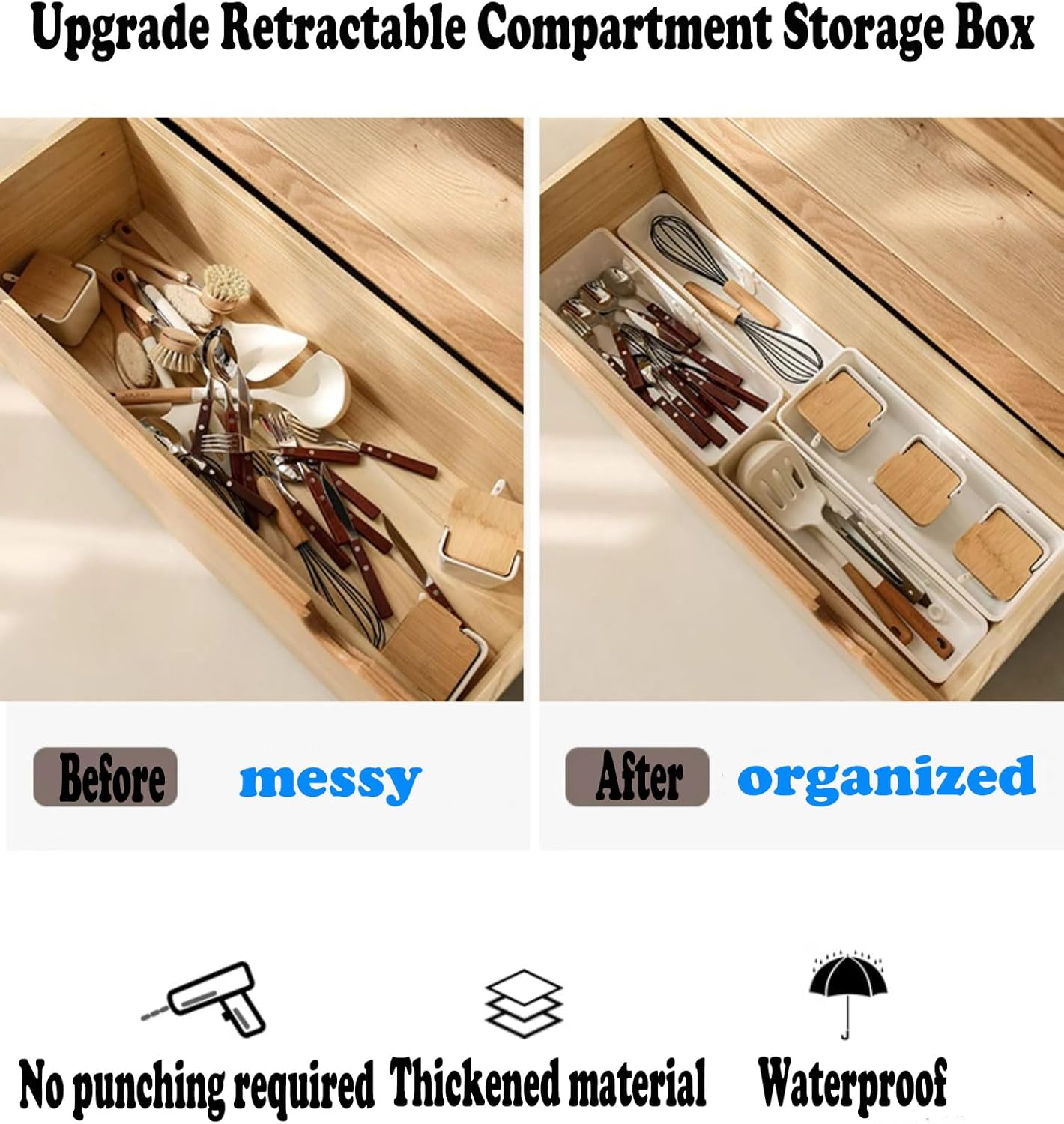 Drawer Storage Box 4 PCS Adjustable Expandable Plastic Organizer Storage Bins with Drawer Divider Suitable for Kitchen Utensils Refrigerator Cabinets Wardrobes Bathroom Office White