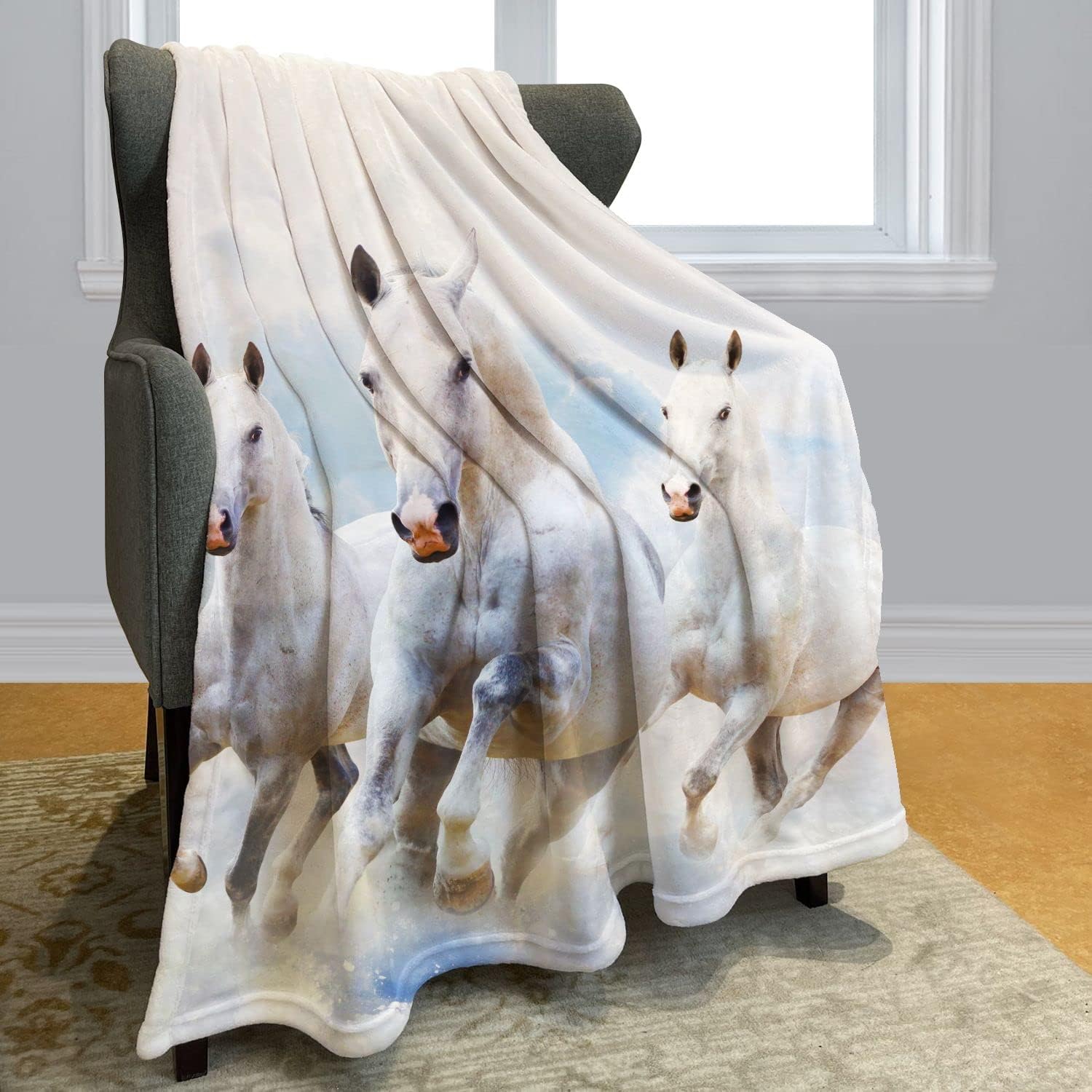 White Horse Throw Blanket Simple Design Running Animal White Cloud Fleece Blanket Soft Warm Cozy for Sofa Couch Bed 60"x80"