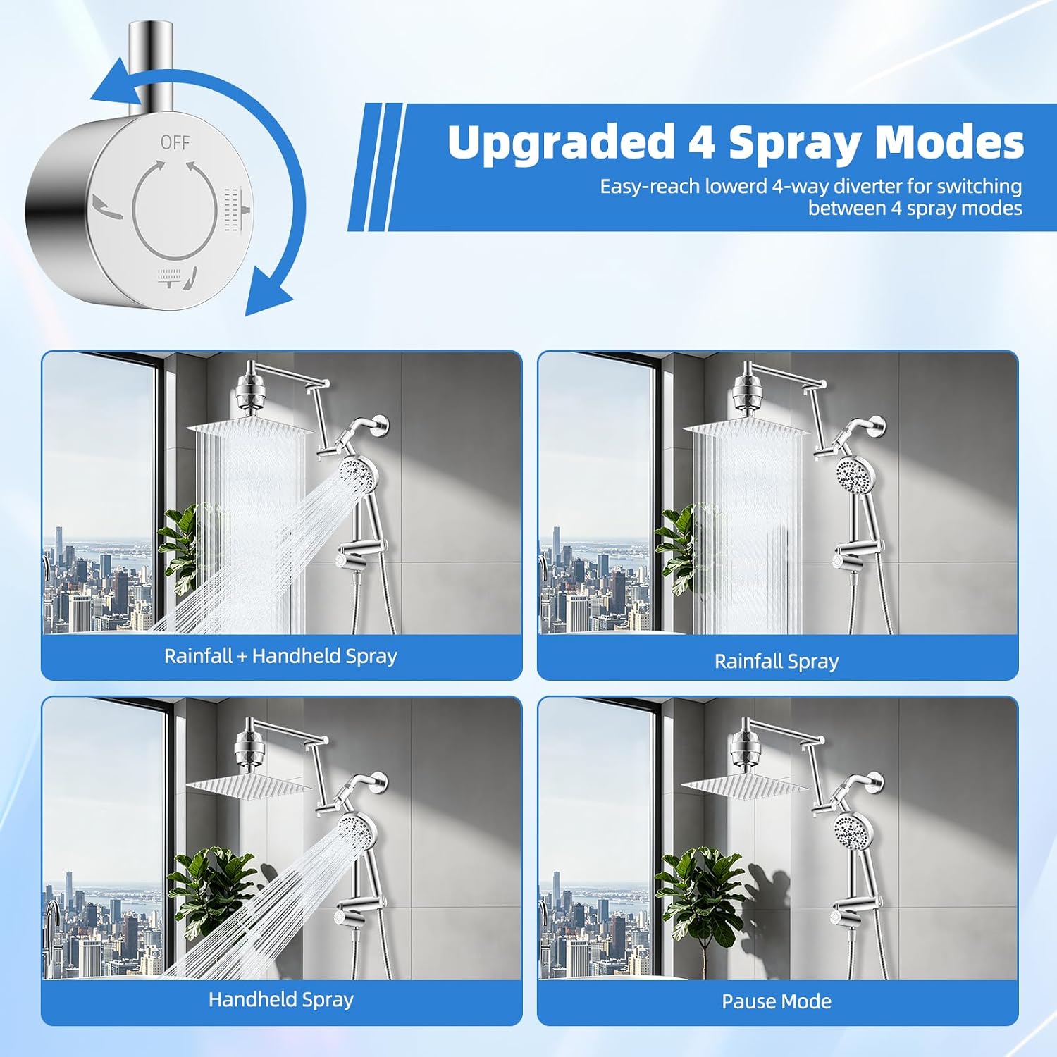 Metal 10" Rain Filtered Shower Head with Handheld 10 Spray, 4-Way Diverter image 2