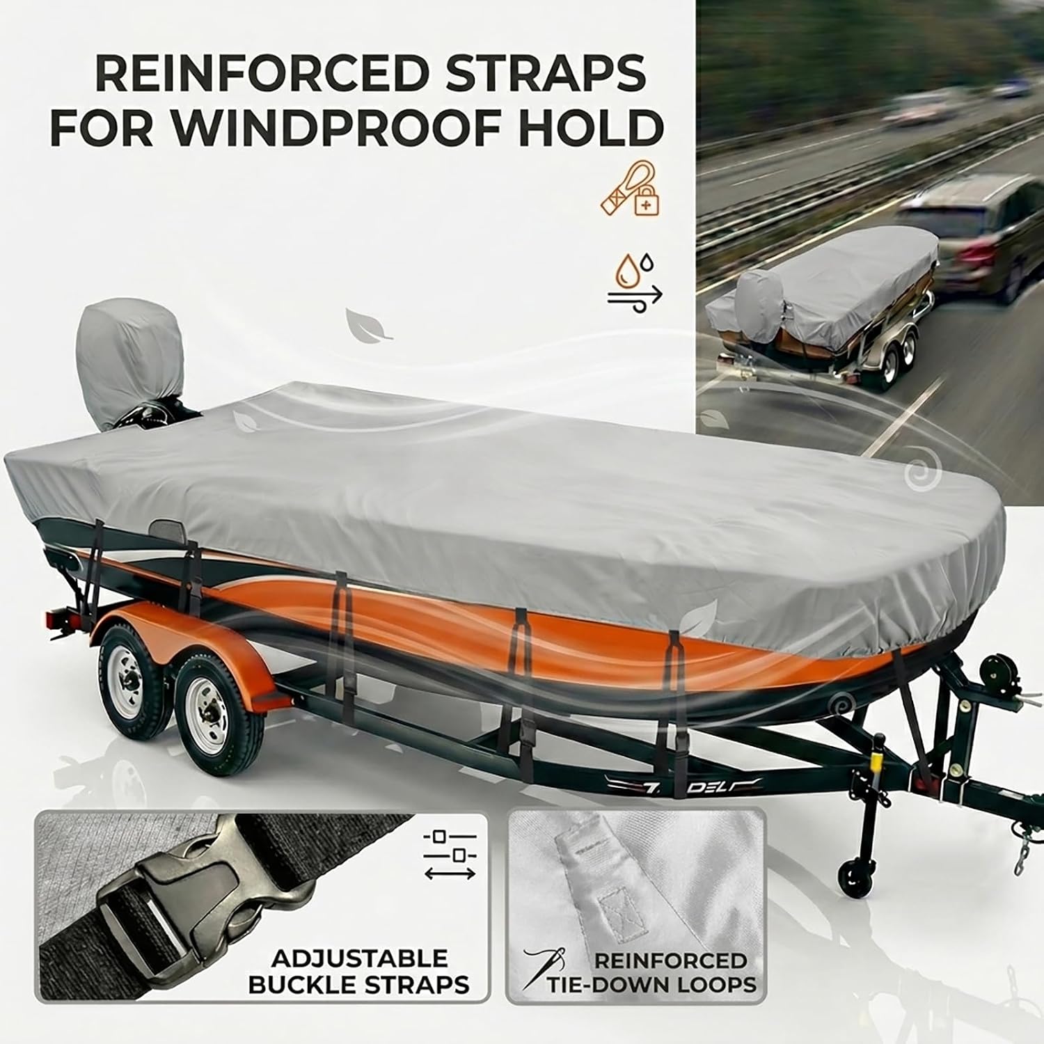 Jon Boat Cover 14-16 ft, 1200D Heavy Duty Waterproof Jon Boat Cover 14 ft 15 ft 16 ft with Ratchet Lock System & 11 Adjustable Straps, Includes Motor Cover, Gray