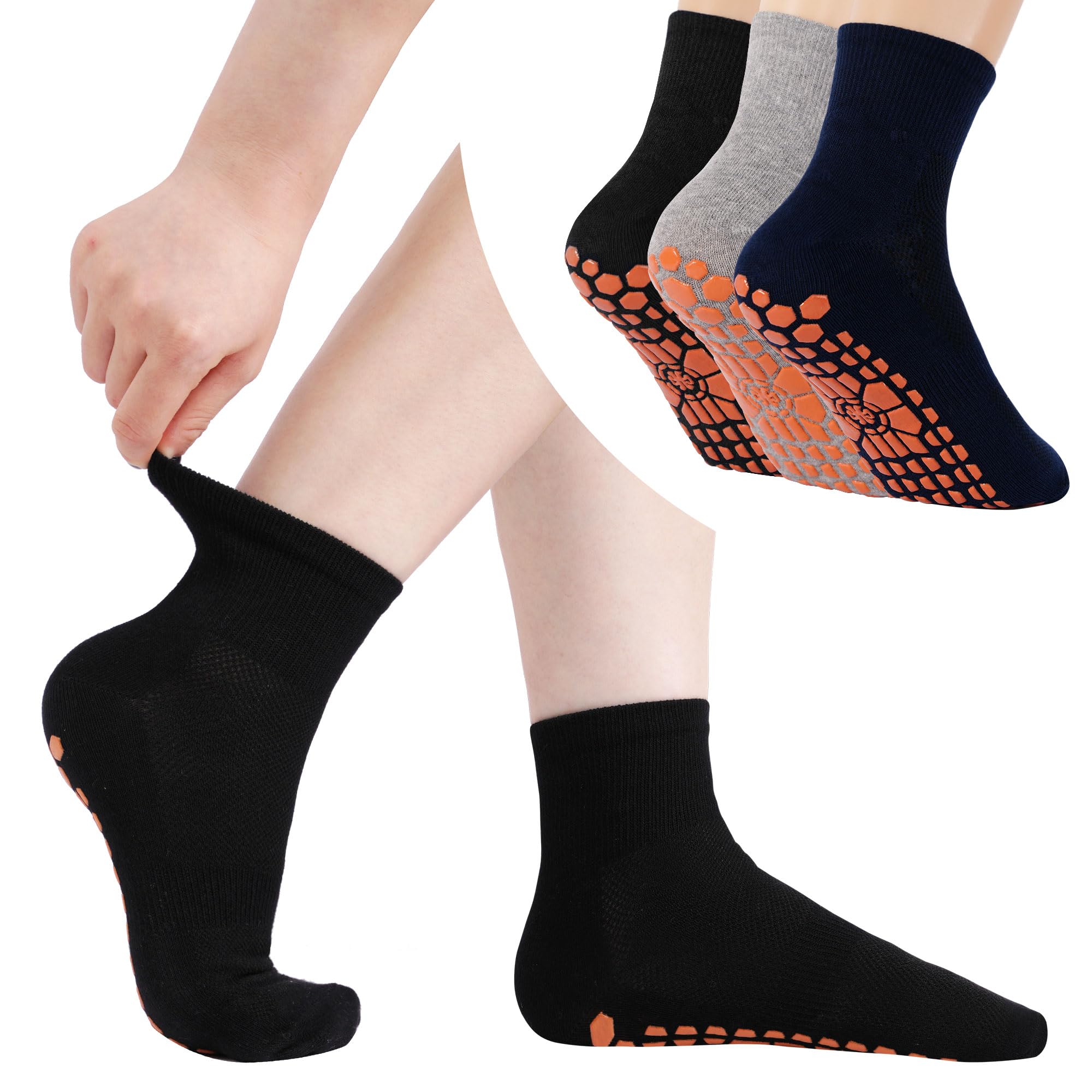 Non Slip Socks for Men House Socks with Grips 3 Pairs Anti-Skid Yoga Pilates Tile Wood Floors Hospital Slipper Sock