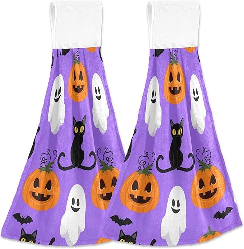 Whimsical Halloween Purple Hand Towels with Hanging Loop, Soft Absorbent Hand Towel Bathroom Set 2, 18.2 x 14 Inch