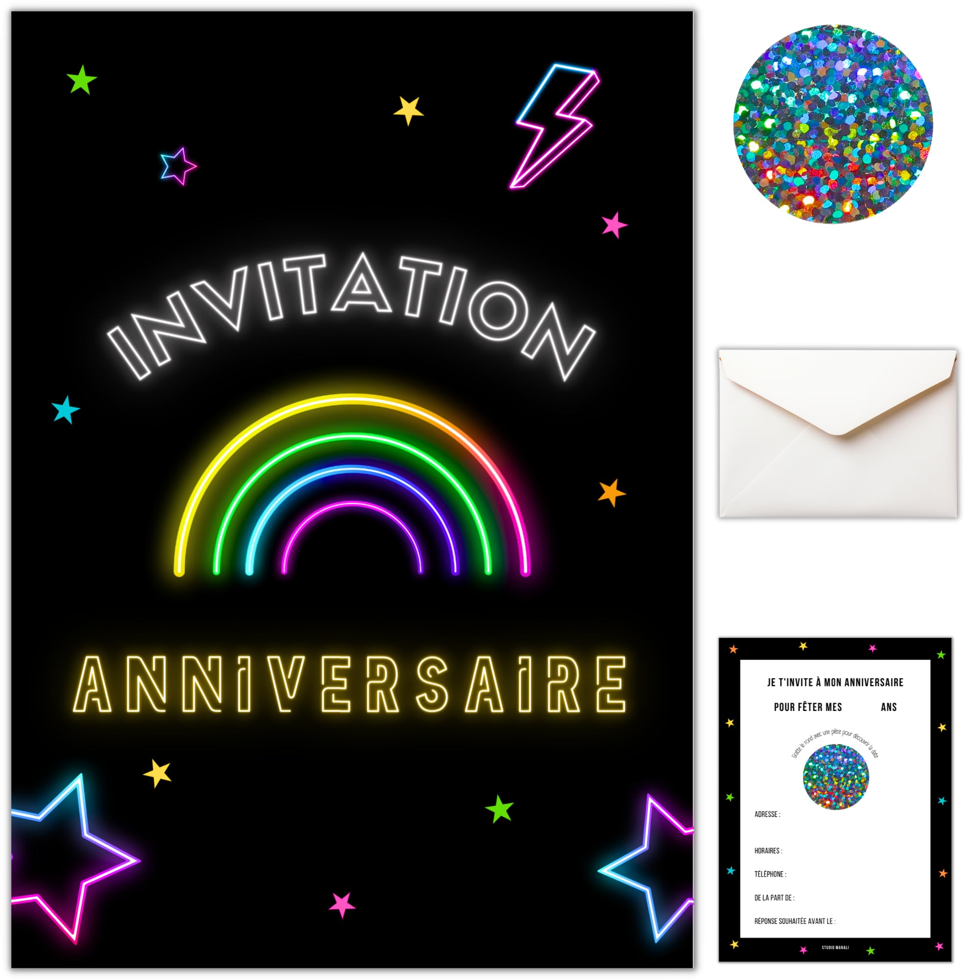 Cartes d'invitation à gratter anniversaire fille - Lot de 12 avec stickers et enveloppes
