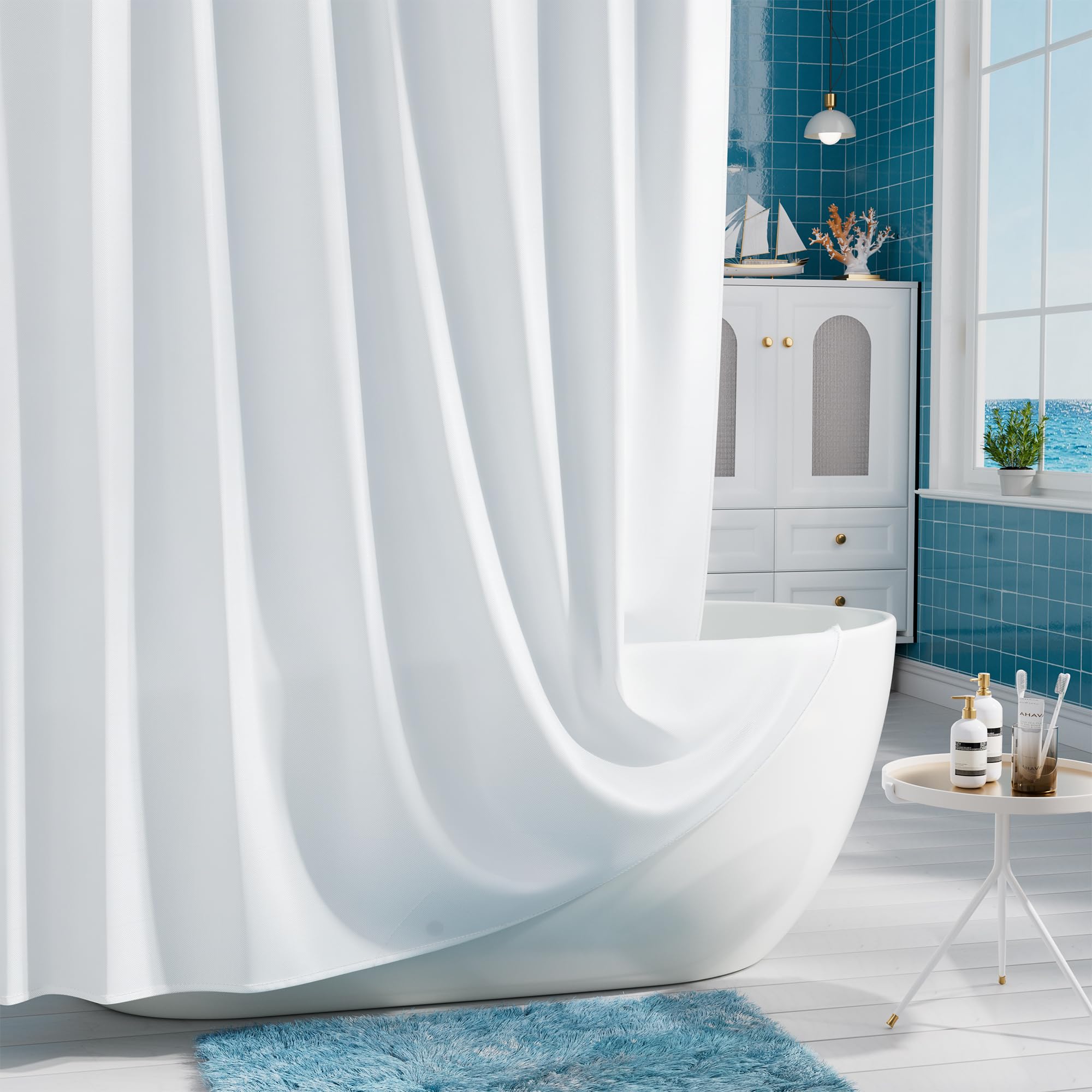 Vosign Short Shower Curtain Liner 60 Inch Long, Water Resistant Fabric Bathroom Curtain Liners, Solid White, Hotel Quality, Machine Washable, 72 X 60 Inch — image 1