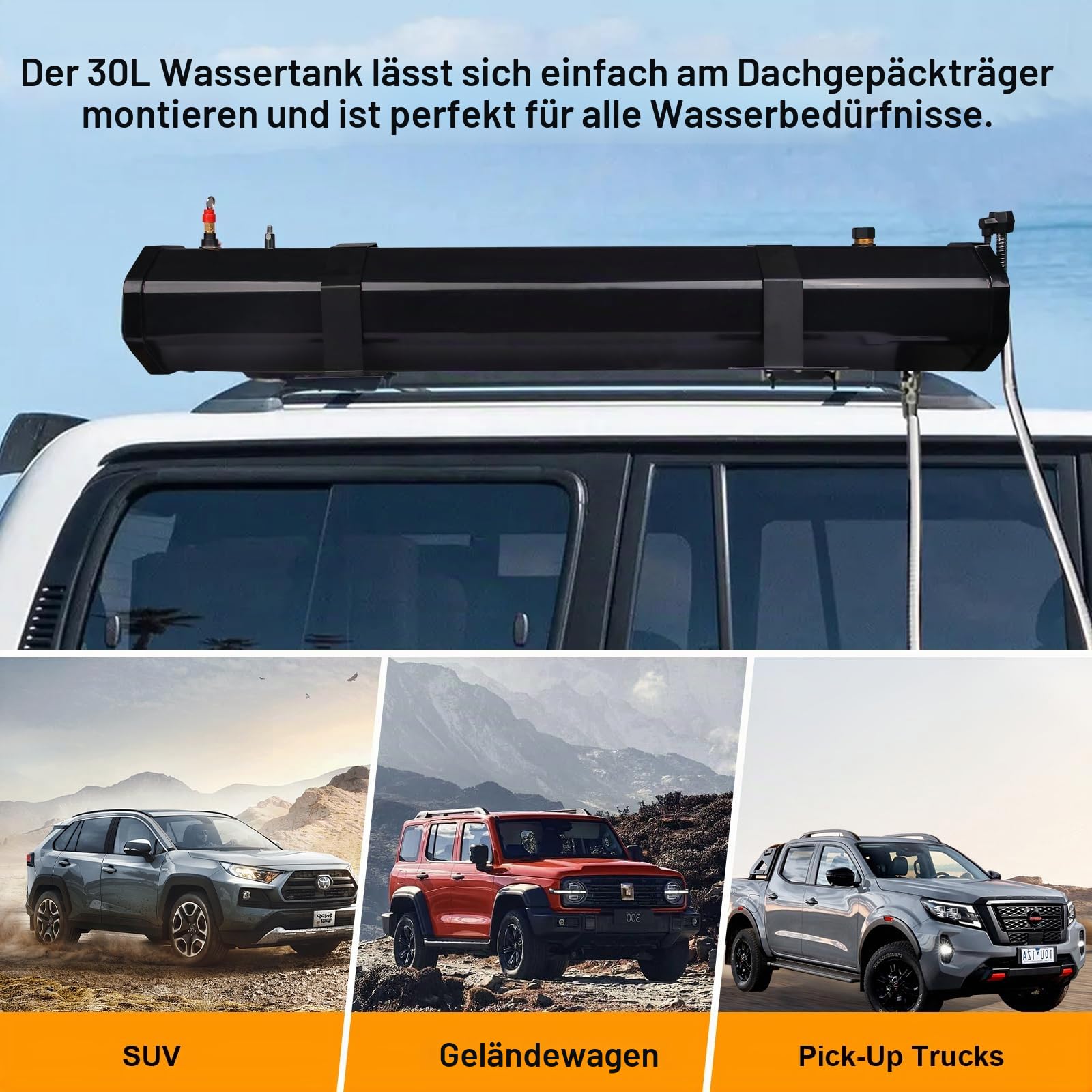 Premium Auto Camping Dusche 30L, Solardusche Camping Dusche mit Heizfunktion für SUV, Offroad & Wohnmobil, Fahrzeug Dusche mit Druckwasserpumpe, Dachträger Montage, Outdoor Dusche für Camping Reisen