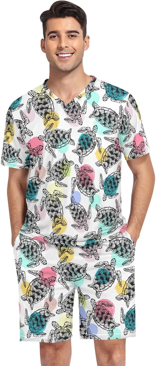 KOPIRIT Men Pajama Sets Sea Turtles Pajama Sets Short Sleeve Longue PJ